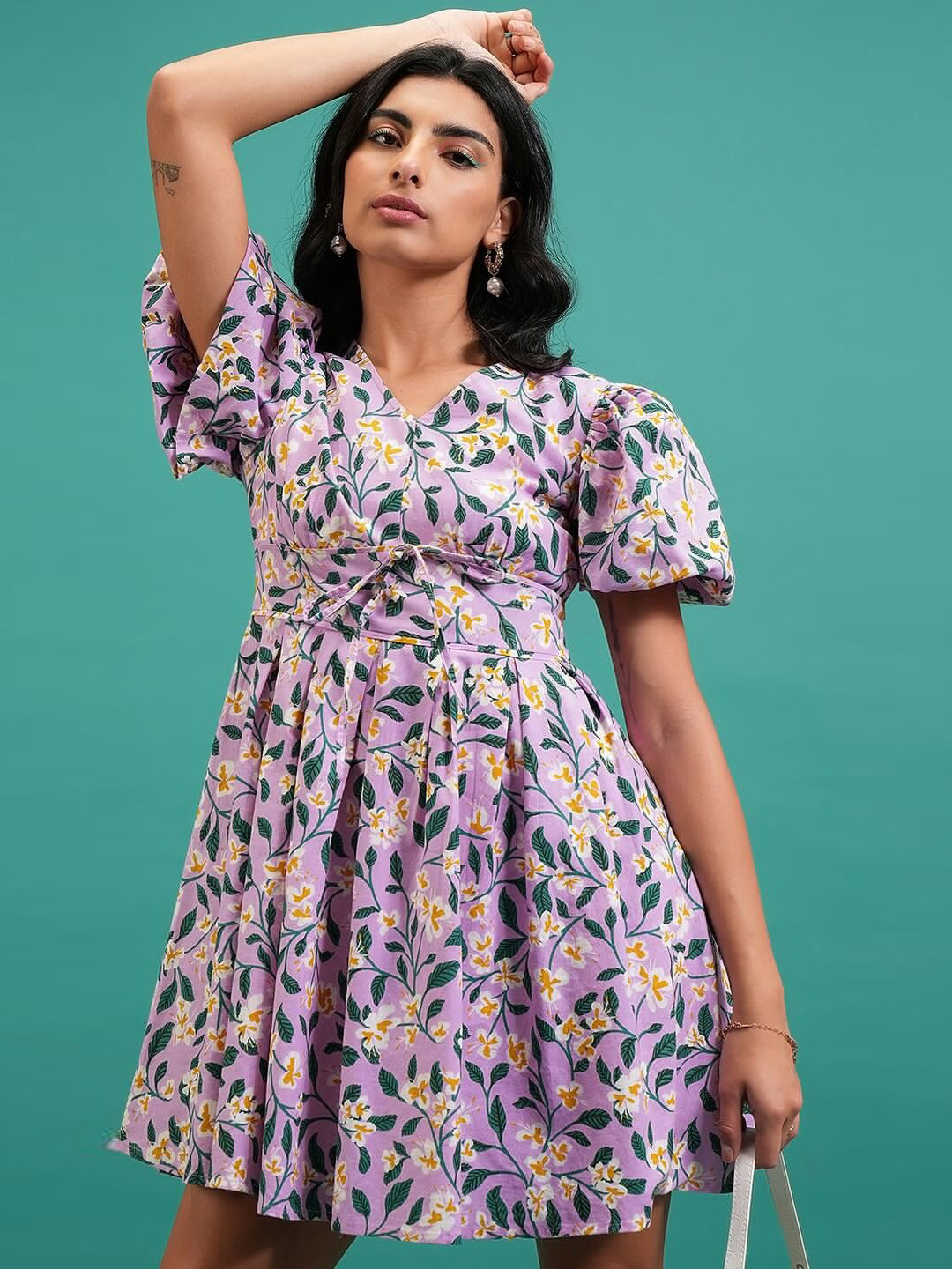 Tokyo Talkies Violet Floral Printed V-Neck Puff Sleeve Cotton Fit & Flare Dress