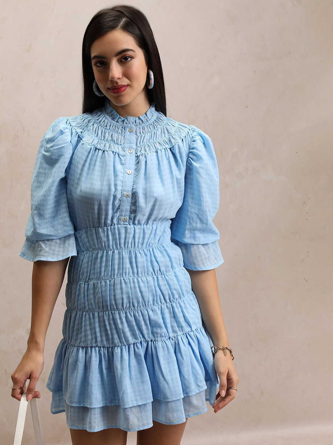 Tokyo Talkies Blue Self Design High Neck Gathered or Pleated Fit & Flare Mini Dress