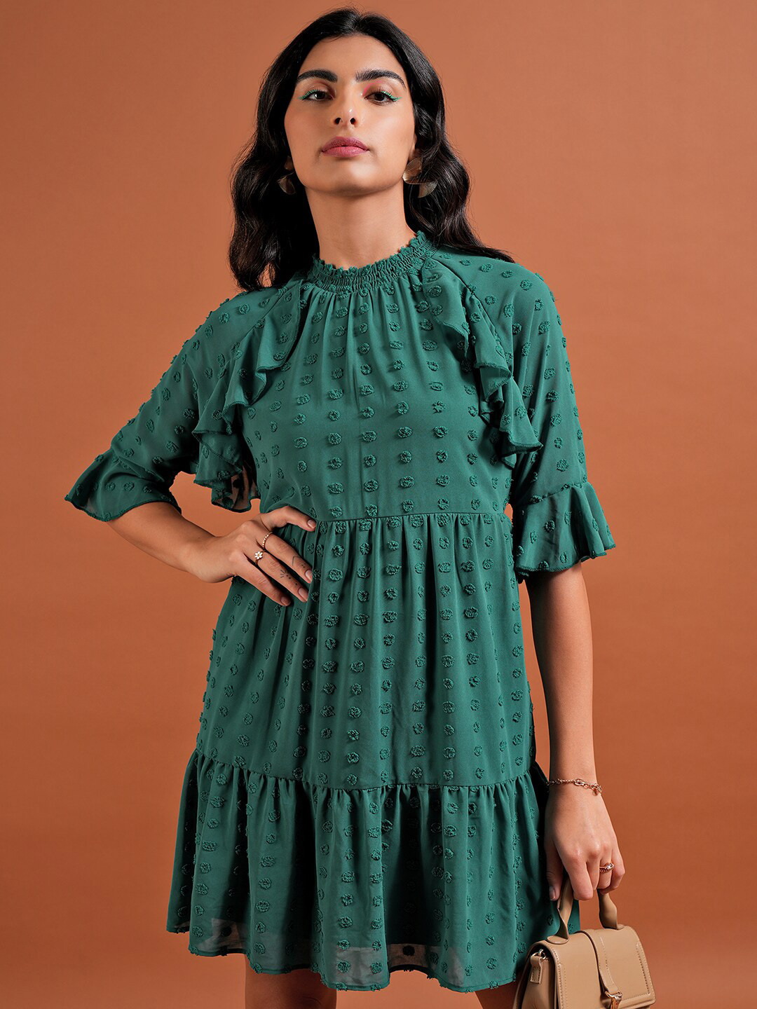 Tokyo Talkies Green Self Design Bell Sleeves Ruffles A-Line Dress