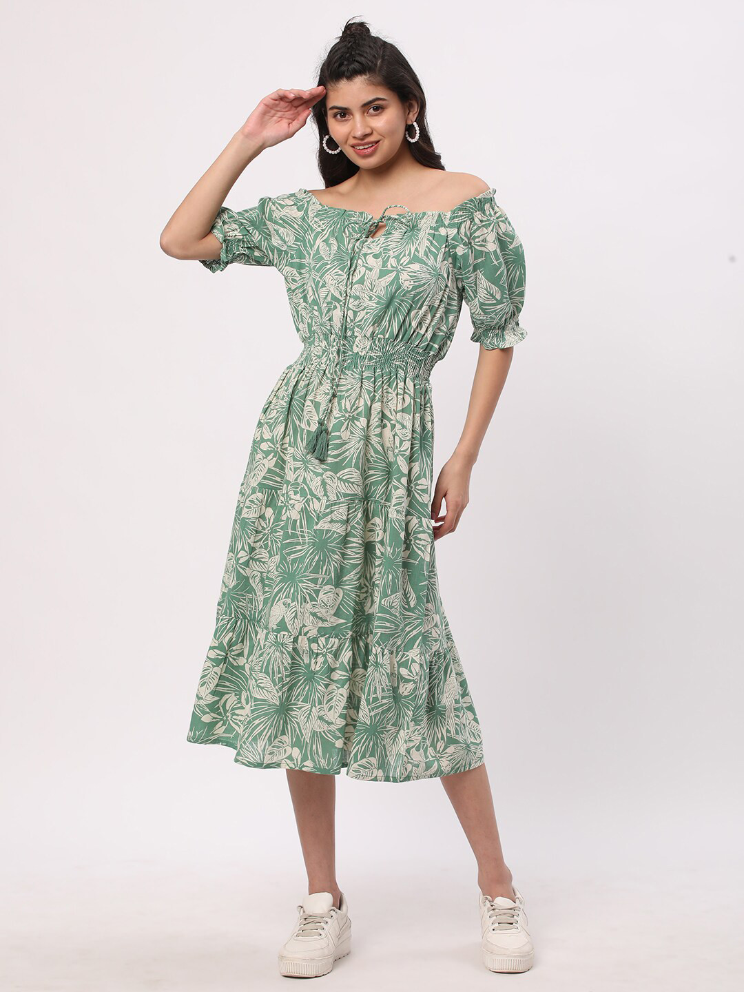 Green Tropical Off Shoulder Puff Sleeve Midi Dress