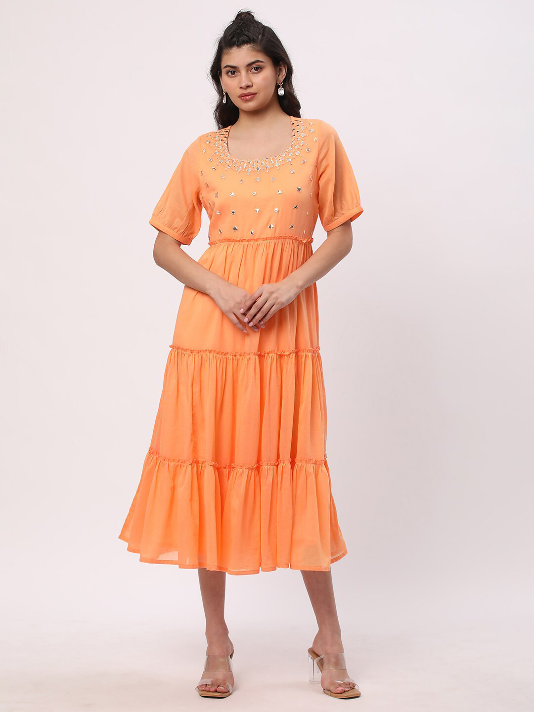 Orange Embellished Fit & Flare Midi Dress