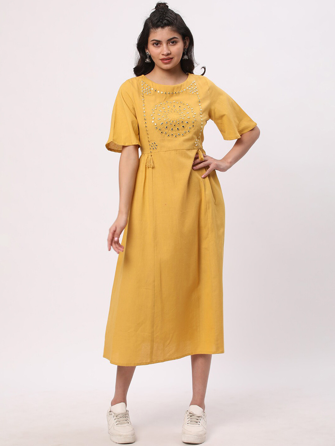 R&B Mirror Work Flared Sleeve Cotton A-Line Midi Dress