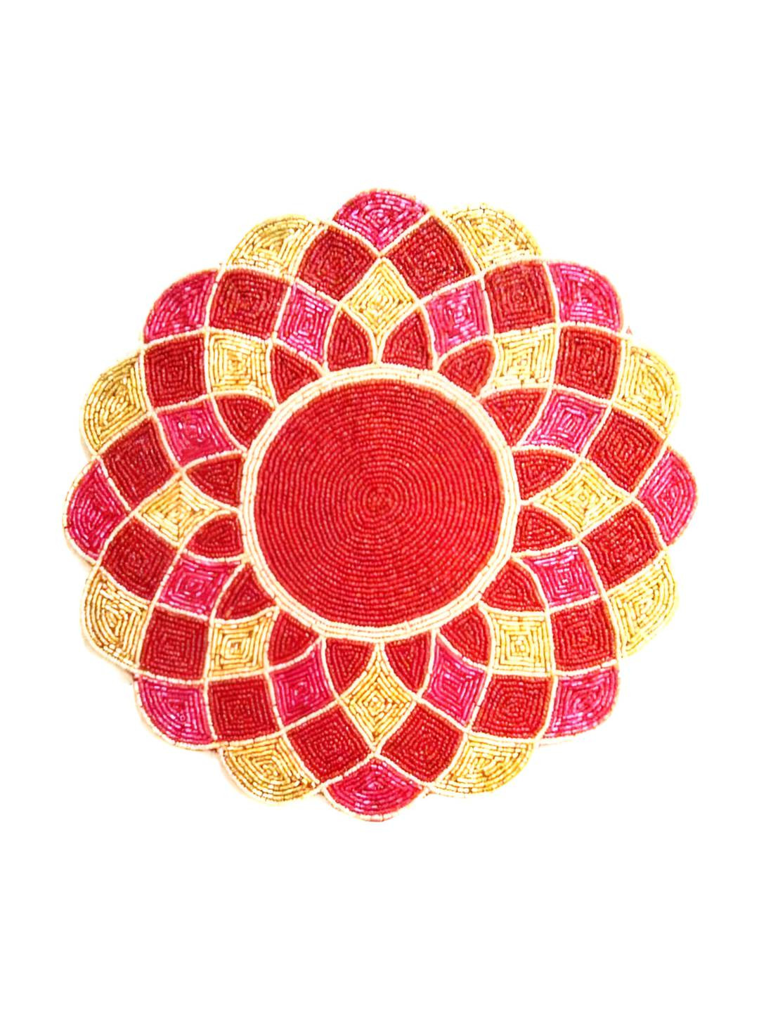 PURINA'S Red & Gold-Toned Floral Beaded Round Dining Table Placemat