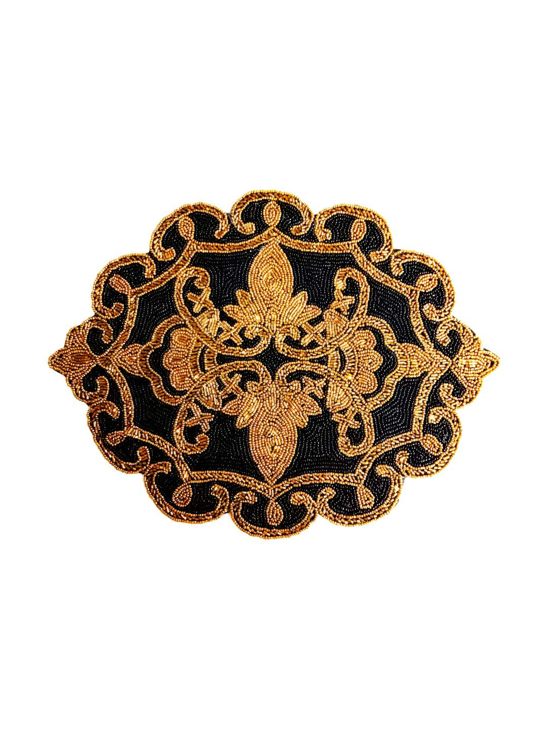 PURINA'S Gold-Toned & Black Ethnic Motifs Beaded Oval Dining Table Placemat