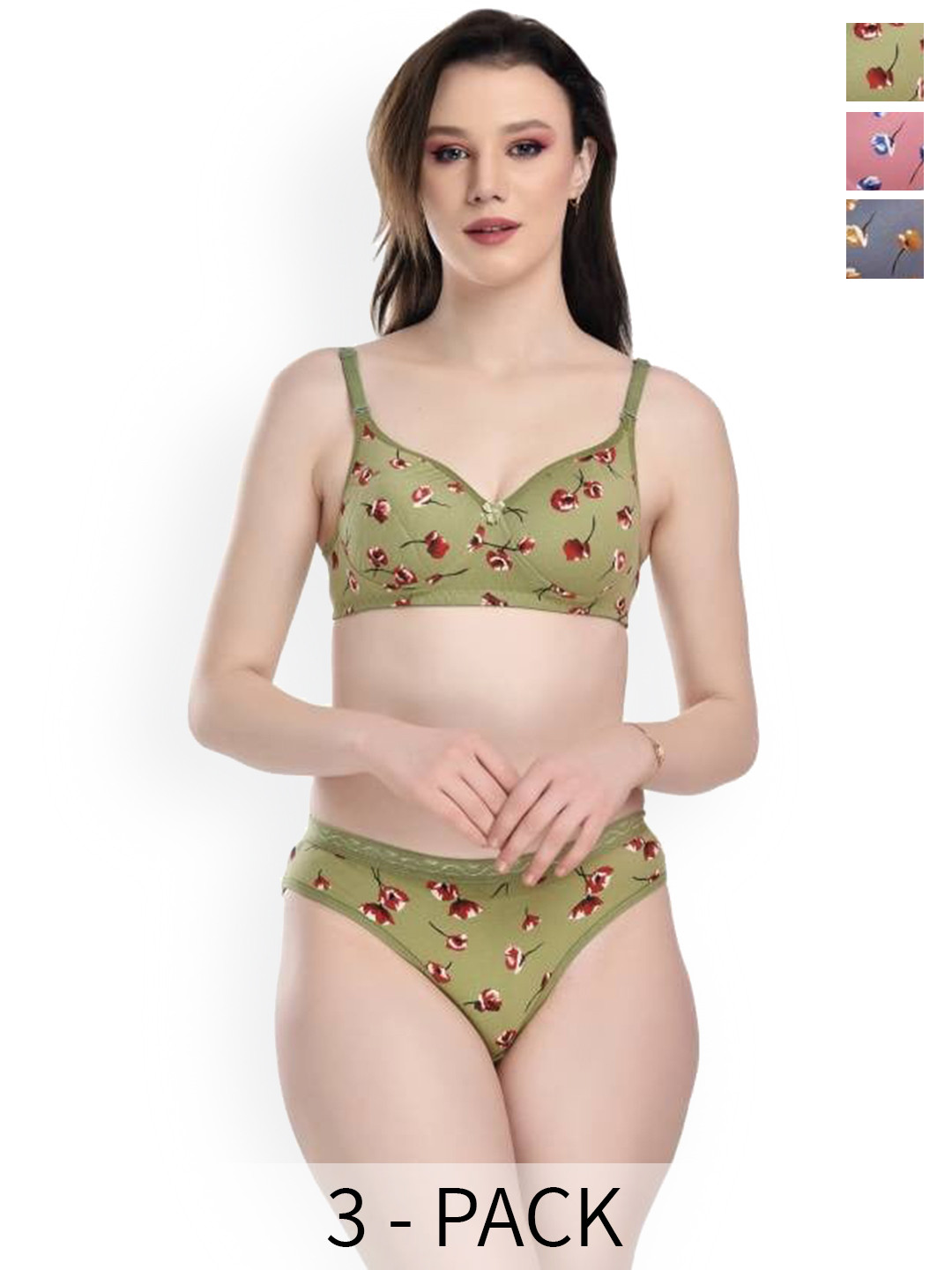 AROUSY Pack Of 3 Self Design Cotton Lingerie Set AR_QC_Kali Set3