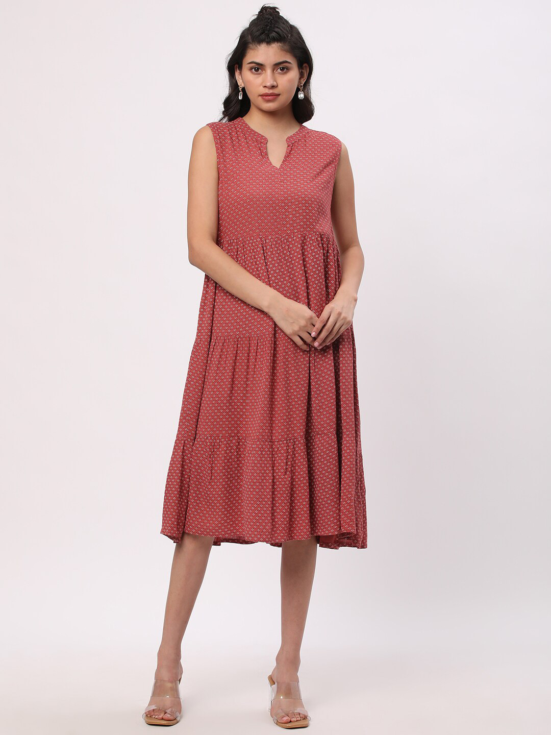 R&B Floral Printes Cotton A-Line Midi Dress