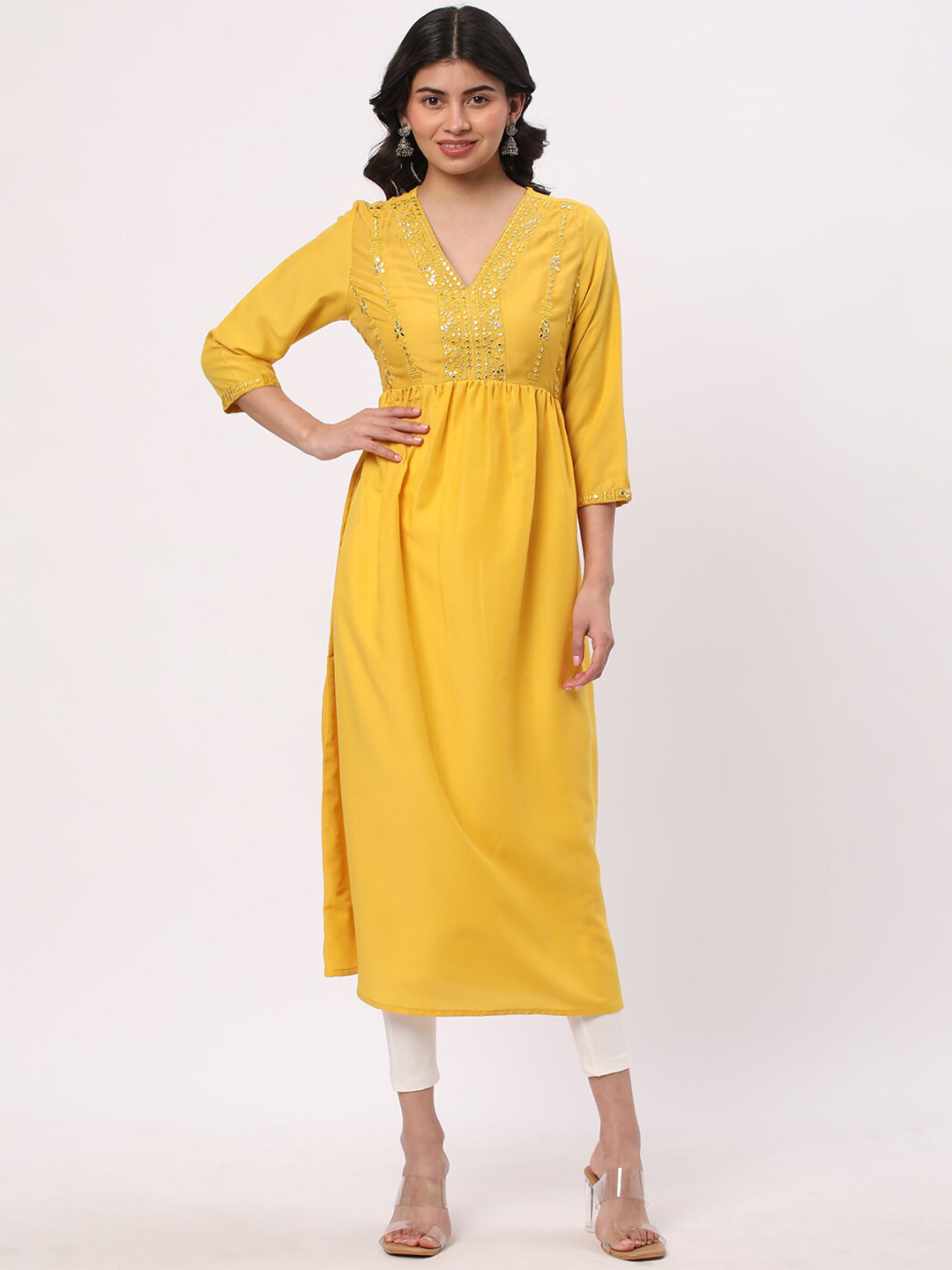 R&B Embroidered V-Neck A-Line Kurta