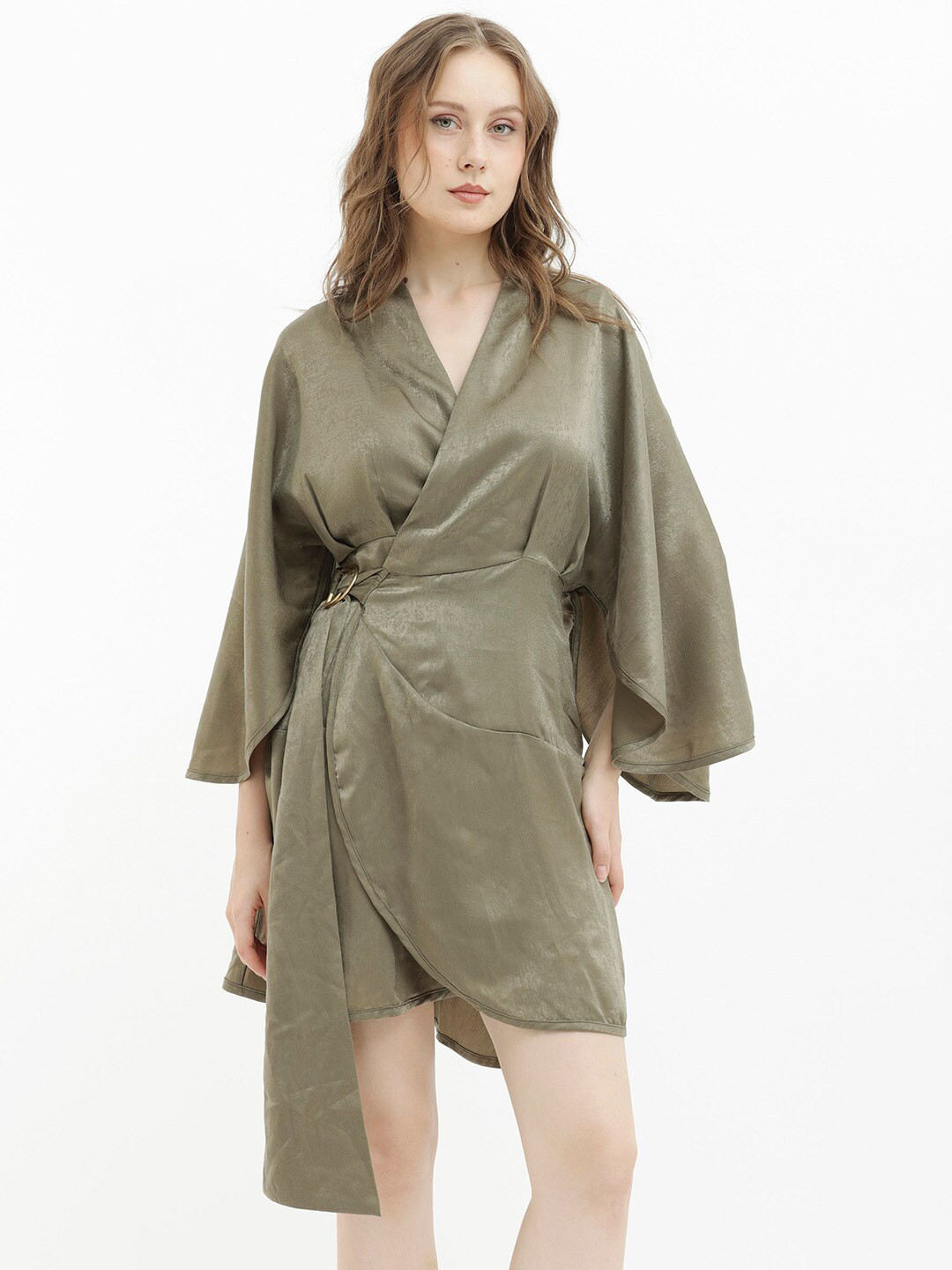 RAREISM Women Olive Fit And Flare Fit Bell Sleeve Overlap Neck Dress
