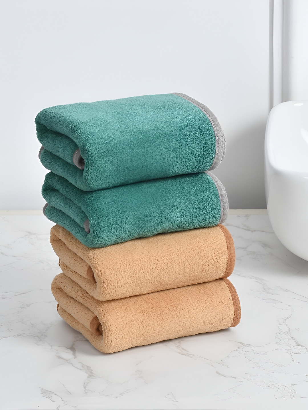 Cotton Bolls Textiles Green Brown 4 Pieces 300 GSM Super Soft Hand Towel