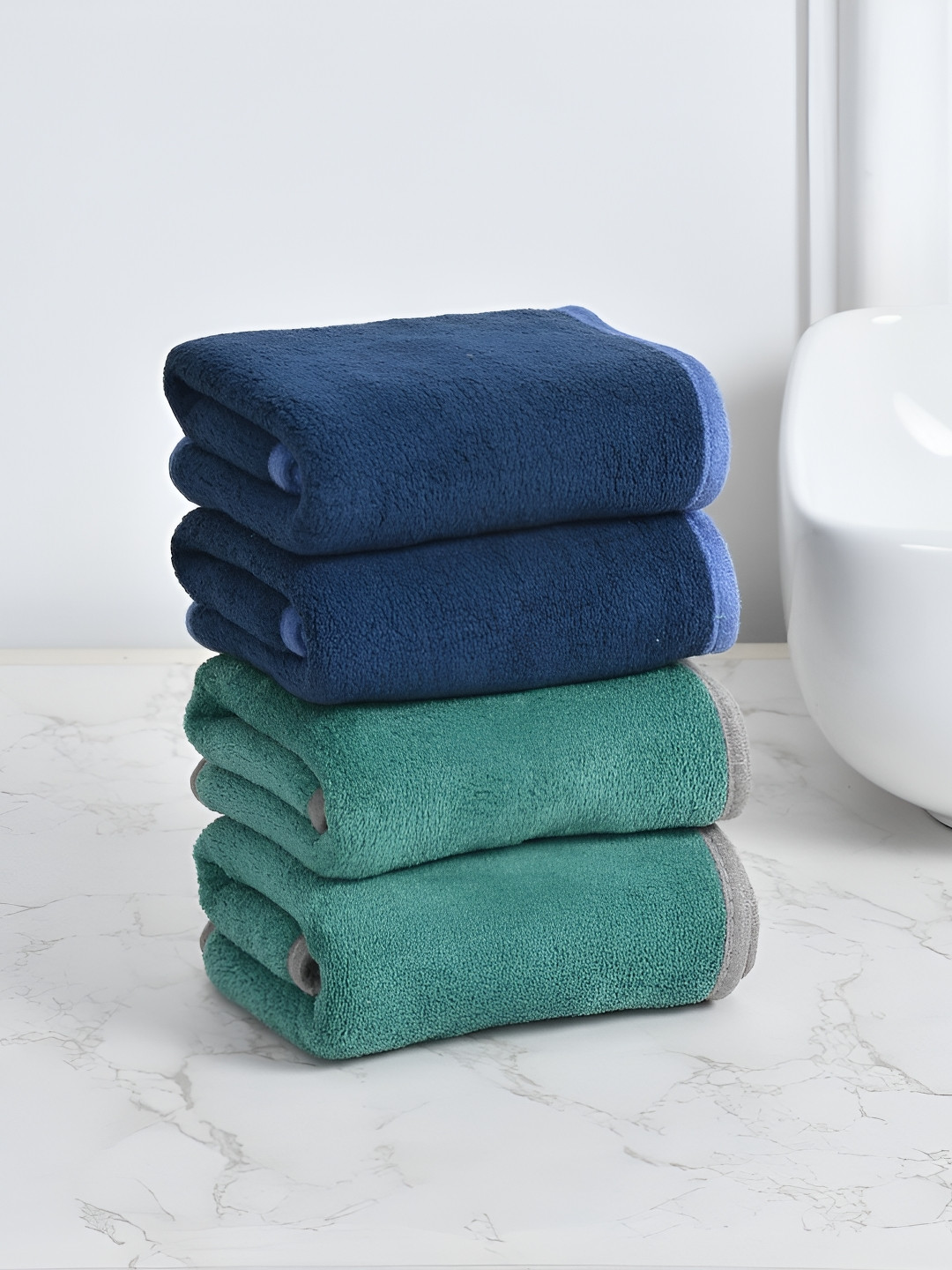 Cotton Bolls Textiles Navy Blue Green 4 Pieces 300 GSM Super Soft Hand Towel
