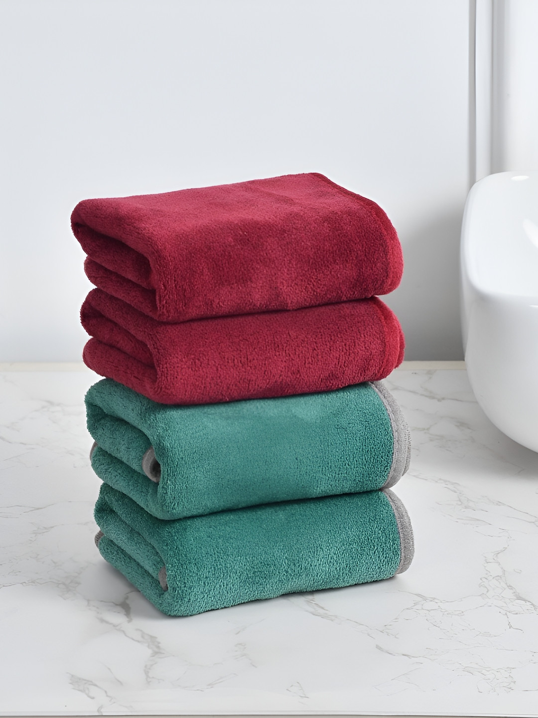 Cotton Bolls Textiles Maroon & Green 4 Pieces 300 GSM Super Soft Hand Towel