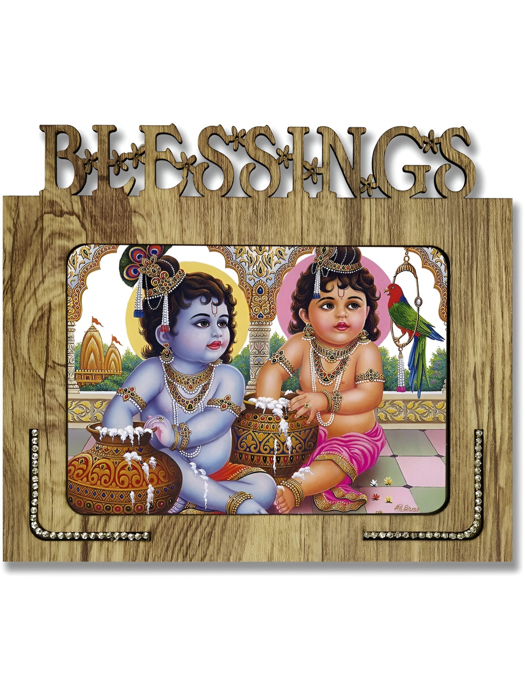 PnF Beige & Blue Shri Krishna Religious Wooden Painting Wall Art