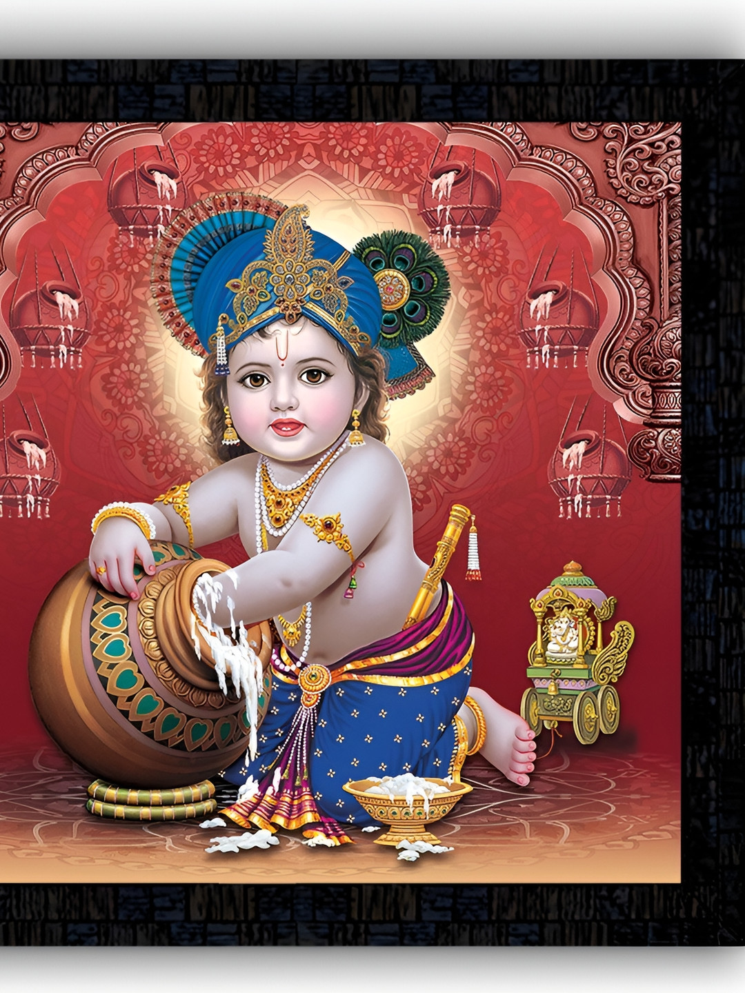 PnF Black & Red Baal Krishna Religious Wooden Painting Wall Art