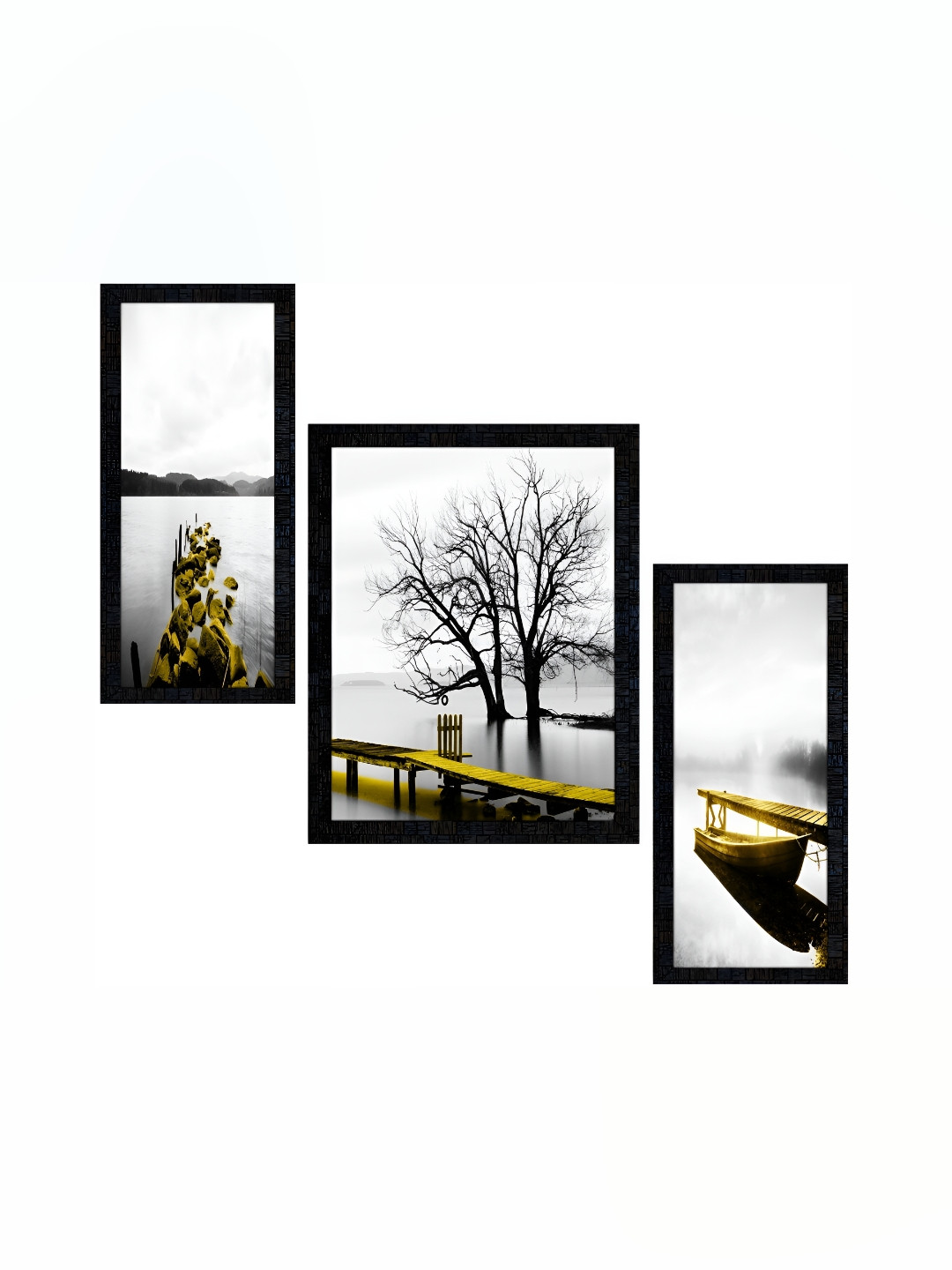 PnF Charcoal & White 3 Pieces Floral and Botanical Wooden Paintings Wall Art