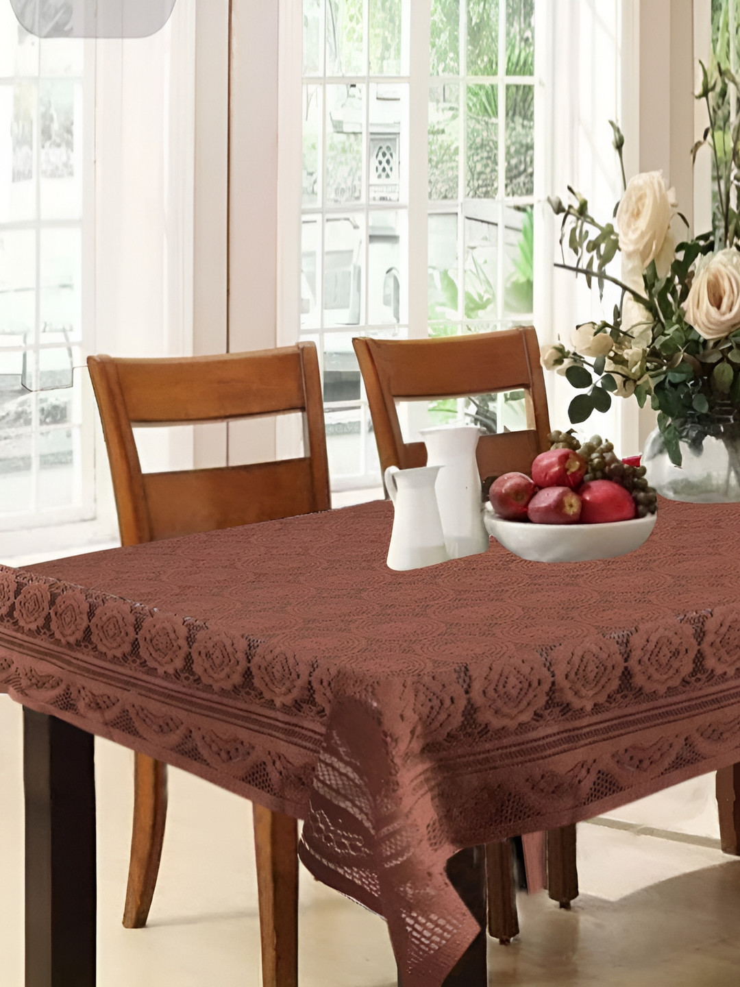 MONKDECOR Brown Floral 6 Seater Cotton Table Cover