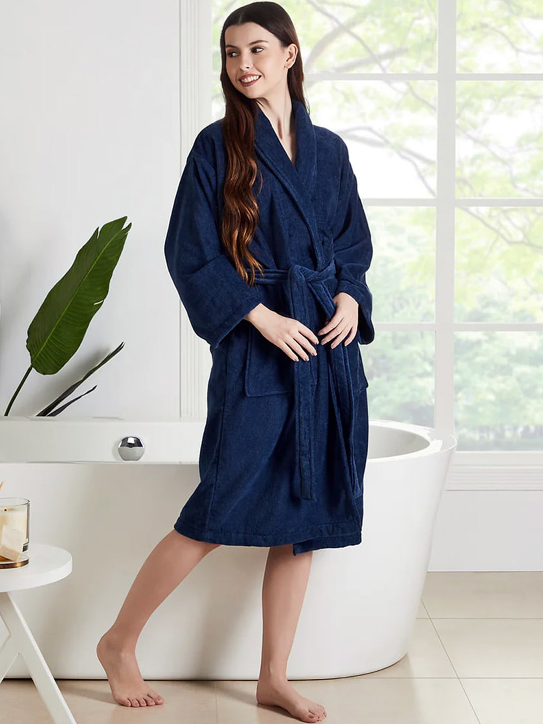 SENSES By Riba, Plush Soft Navy Blue Solid Cotton Drawstring Midi Bath Robe-S/M