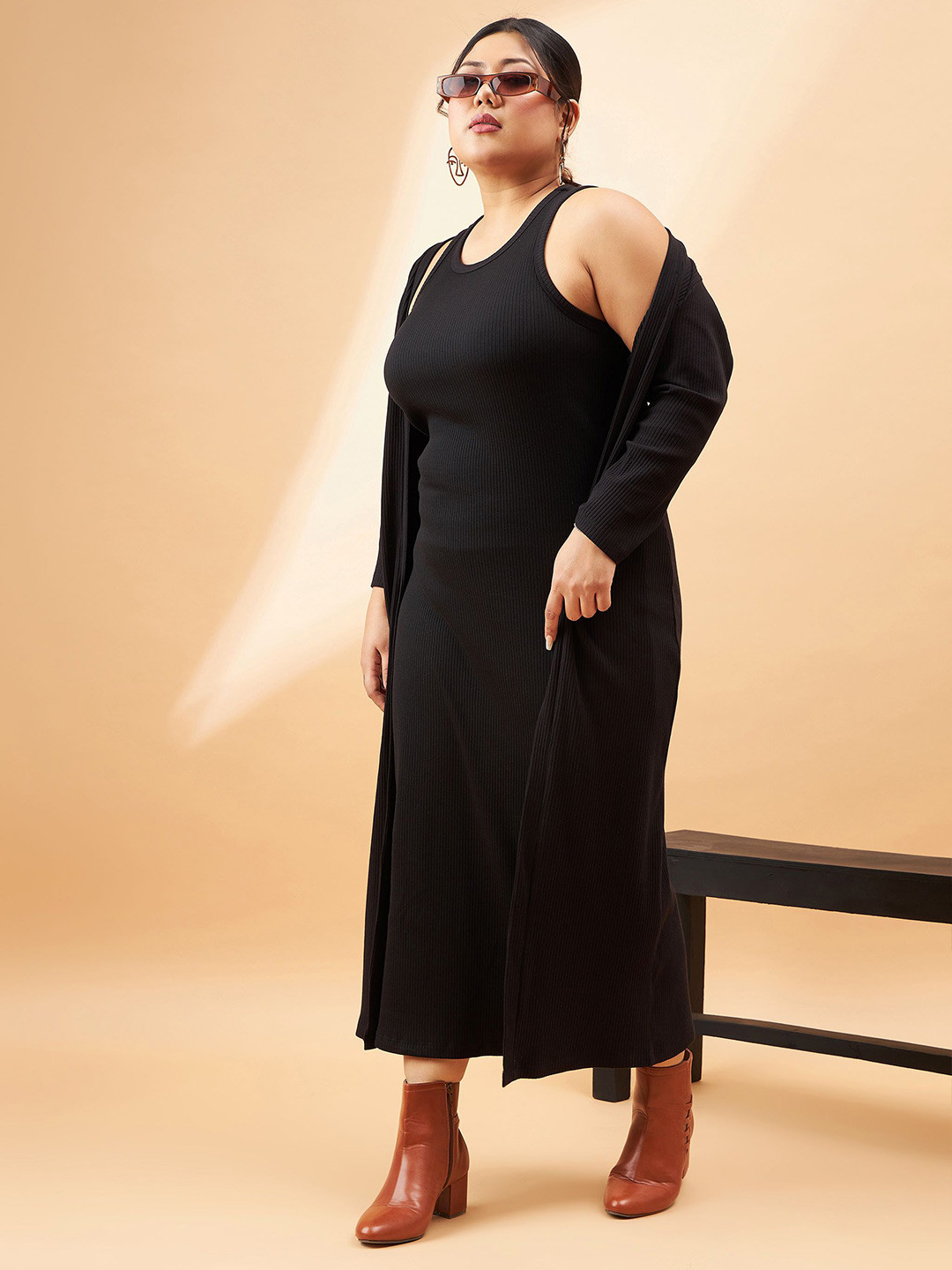 SASSAFRAS Curve Plus Size Black Ribbed Sleeveless Sheath Midi Dress With Shrug