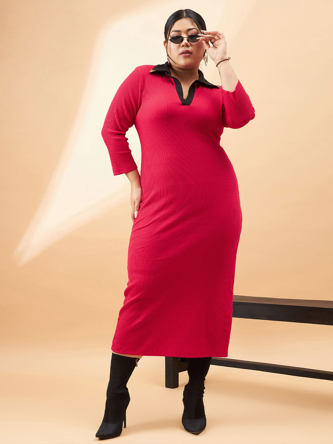 SASSAFRAS Curve Plus Size Red Ribbed Contrast Shirt Collar Sheath Midi Dress