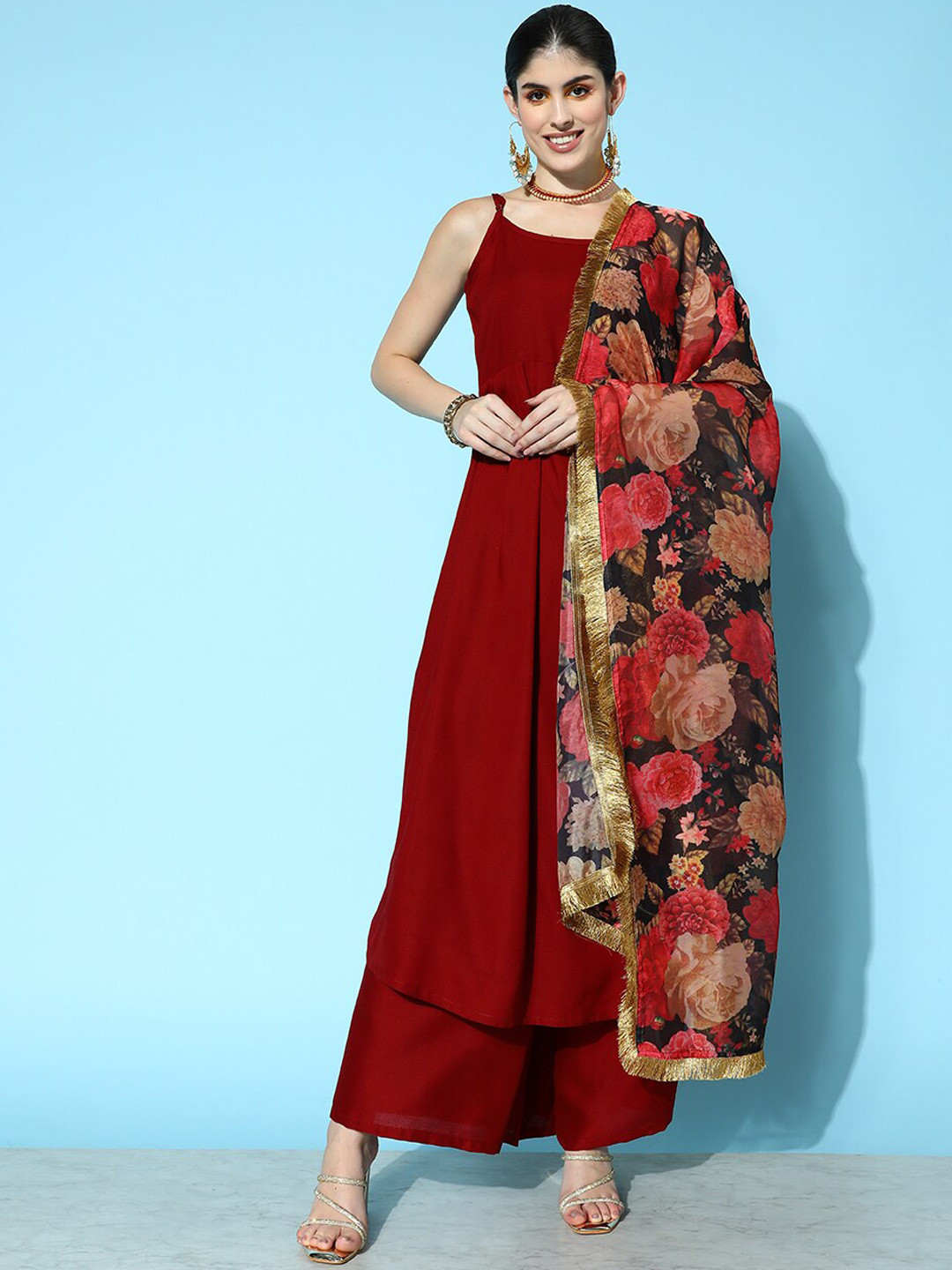 KALINI Shoulder Straps A-Line Kurta with Trousers & Dupatta