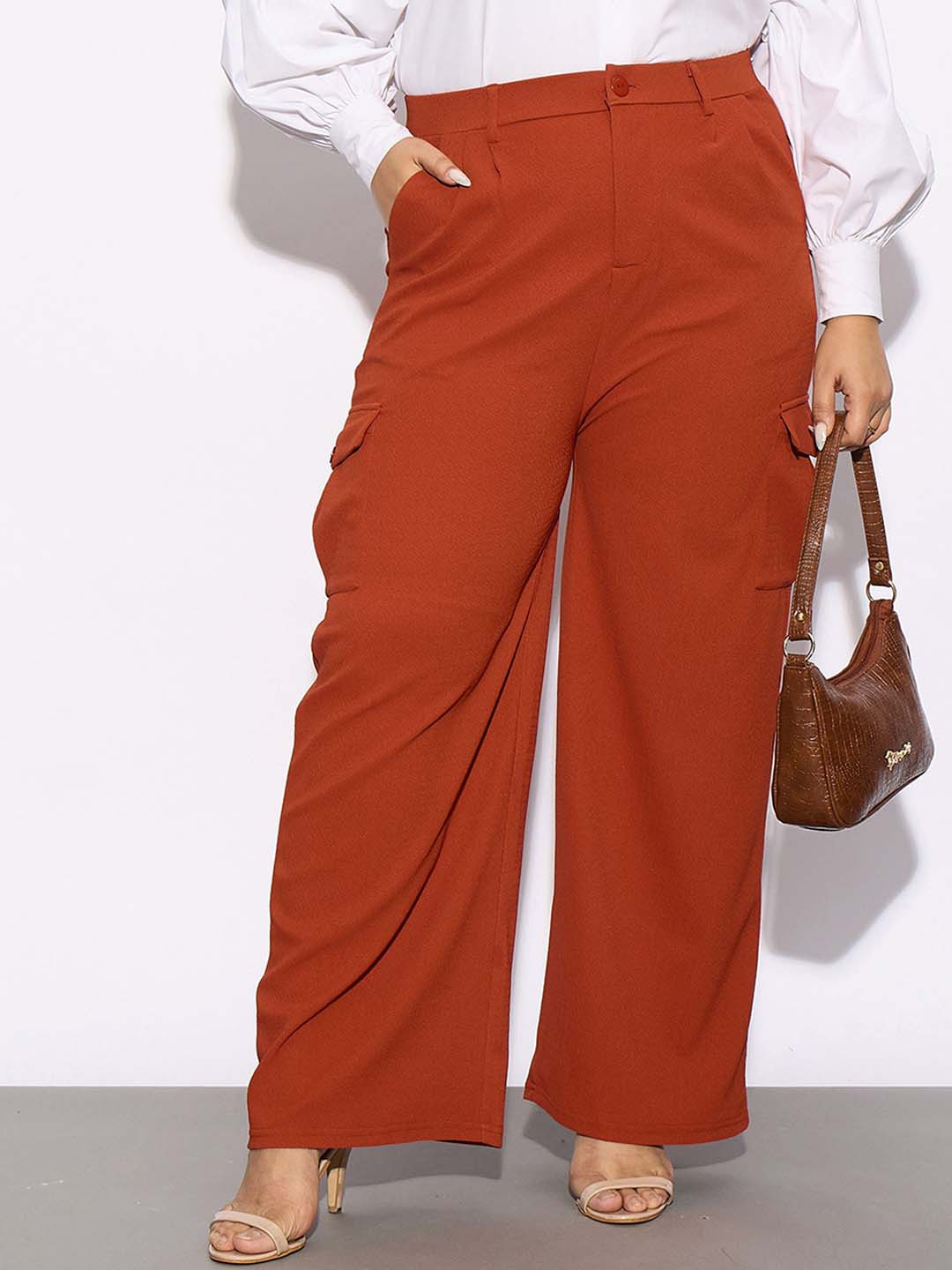 SASSAFRAS Curve Women Plus Size Rust Orange Straight Fit Pleated-Front Cargos Trousers