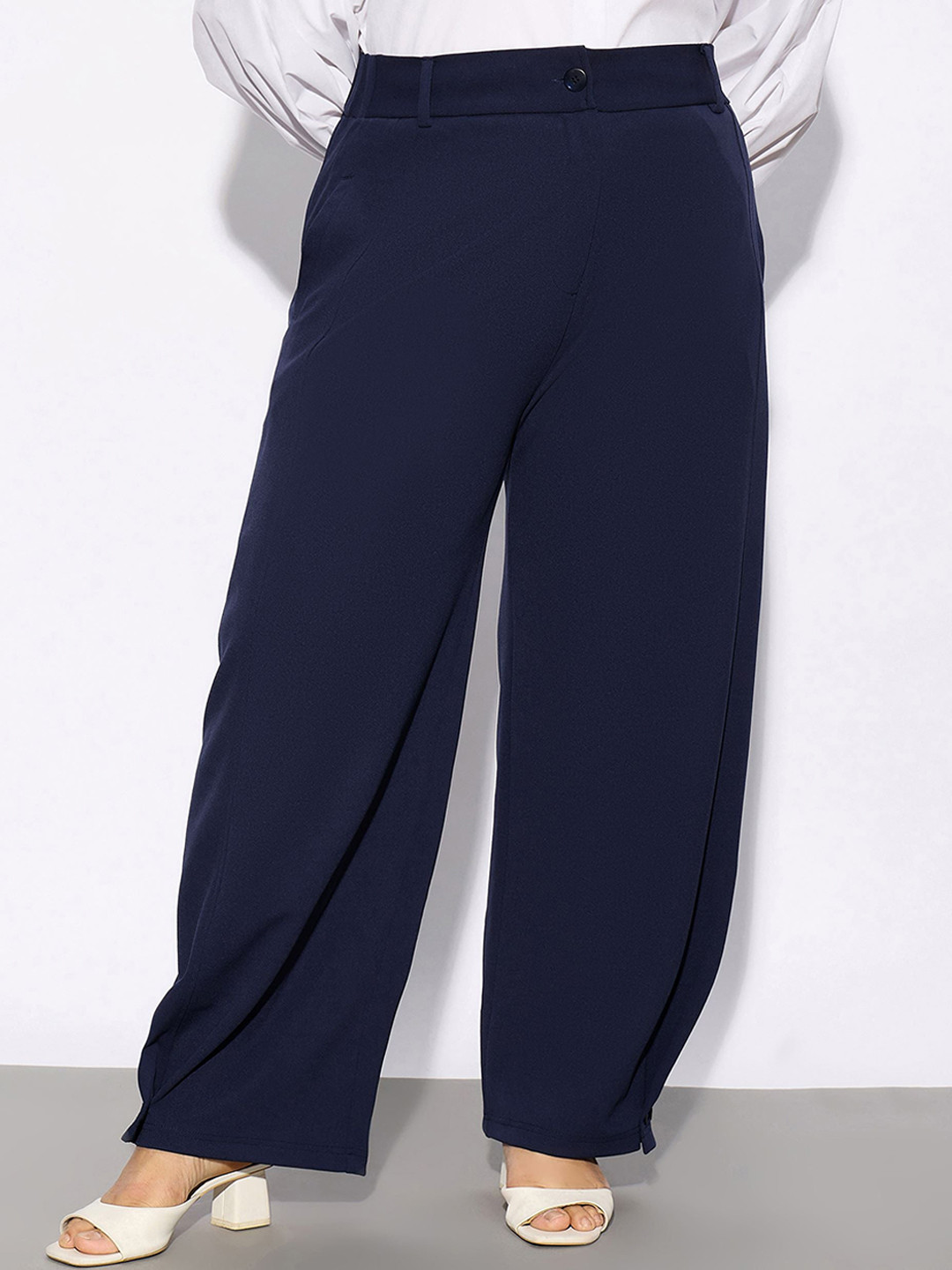 SASSAFRAS Curve Women Plus Size Navy Blue Straight Fit Hem Button Detail Parallel Trousers