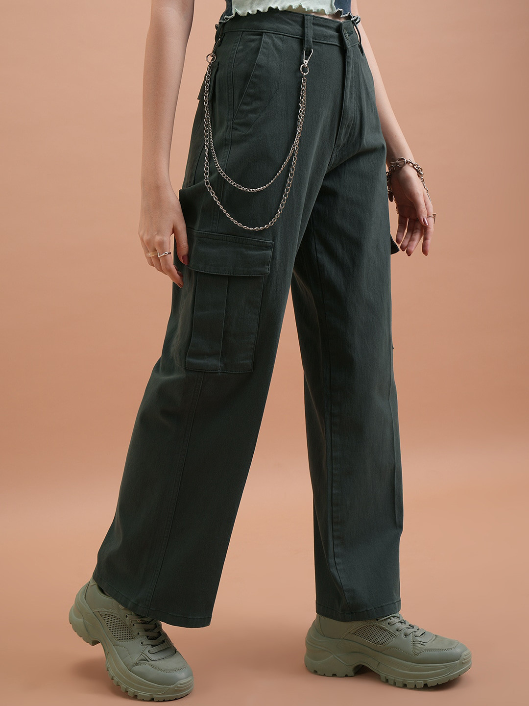 Tokyo Talkies Women High Waist Wide Leg Flared Cargo Trousers