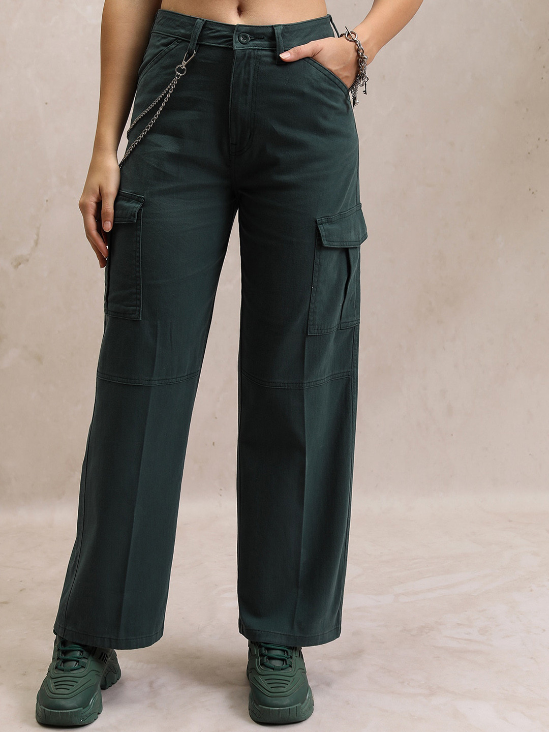 Tokyo Talkies Women High Waist Flared Cargos Trousers