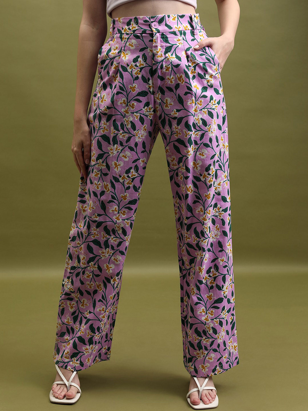 Tokyo Talkies Women Floral Printed Cotton High Waist Pleated Wide Leg Trousers