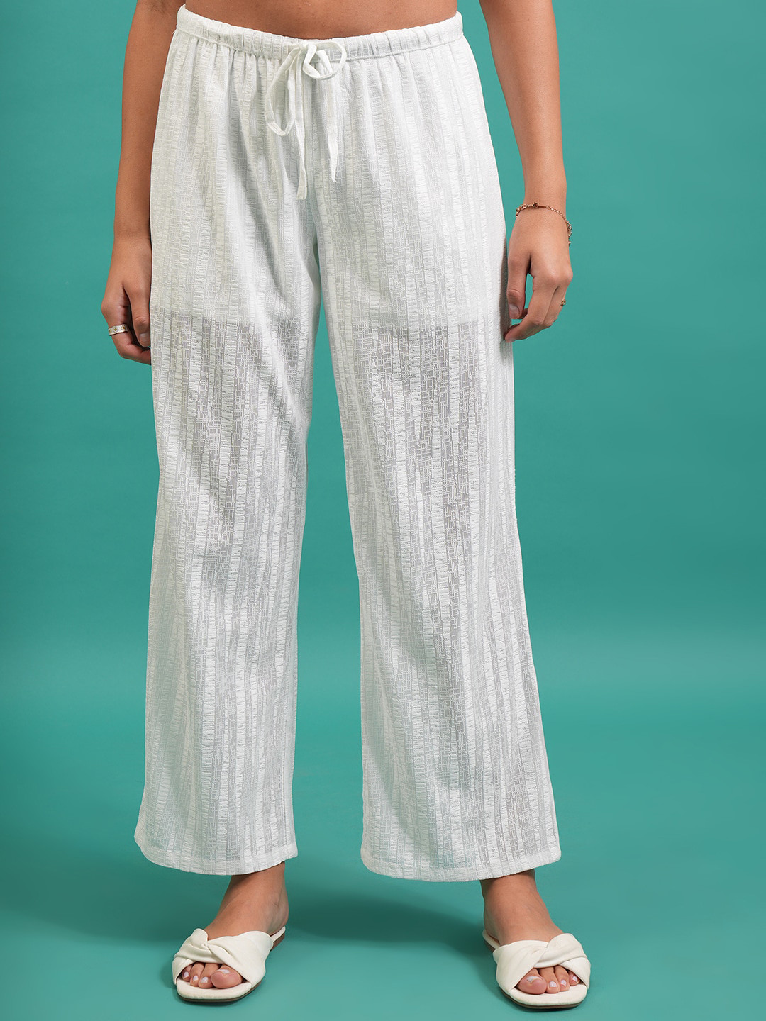 Tokyo Talkies Women White Striped Parallel Wide Leg Trousers