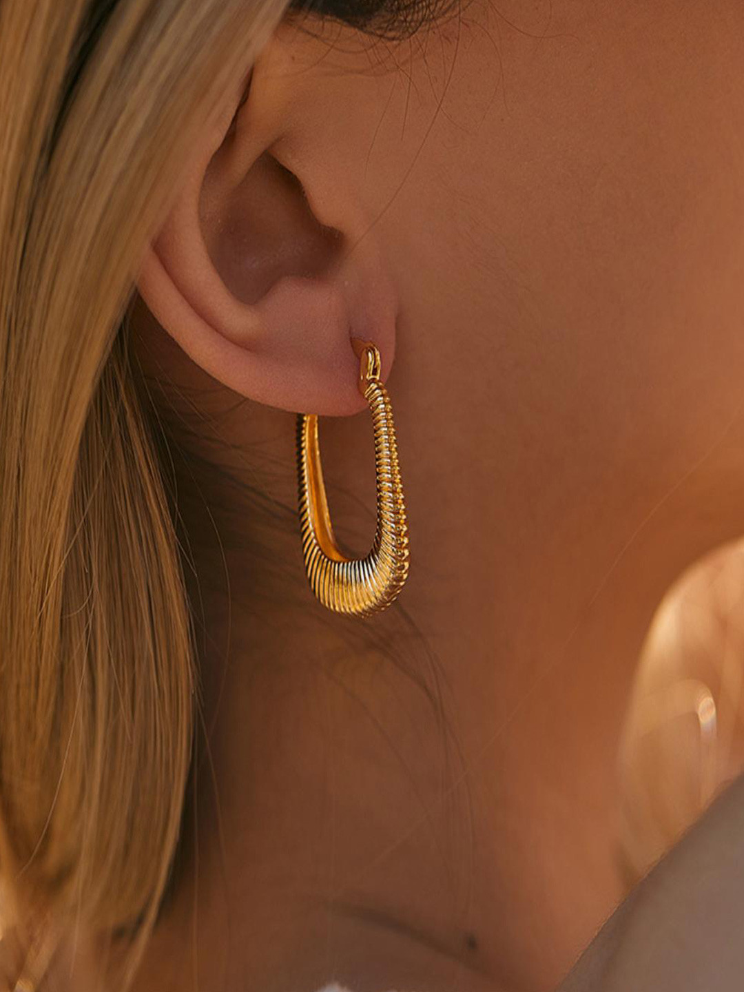 AQUASTREET 18K Gold Plated Waterproof Anti Tarnish Square Shaped Textured Hoop Earrings
