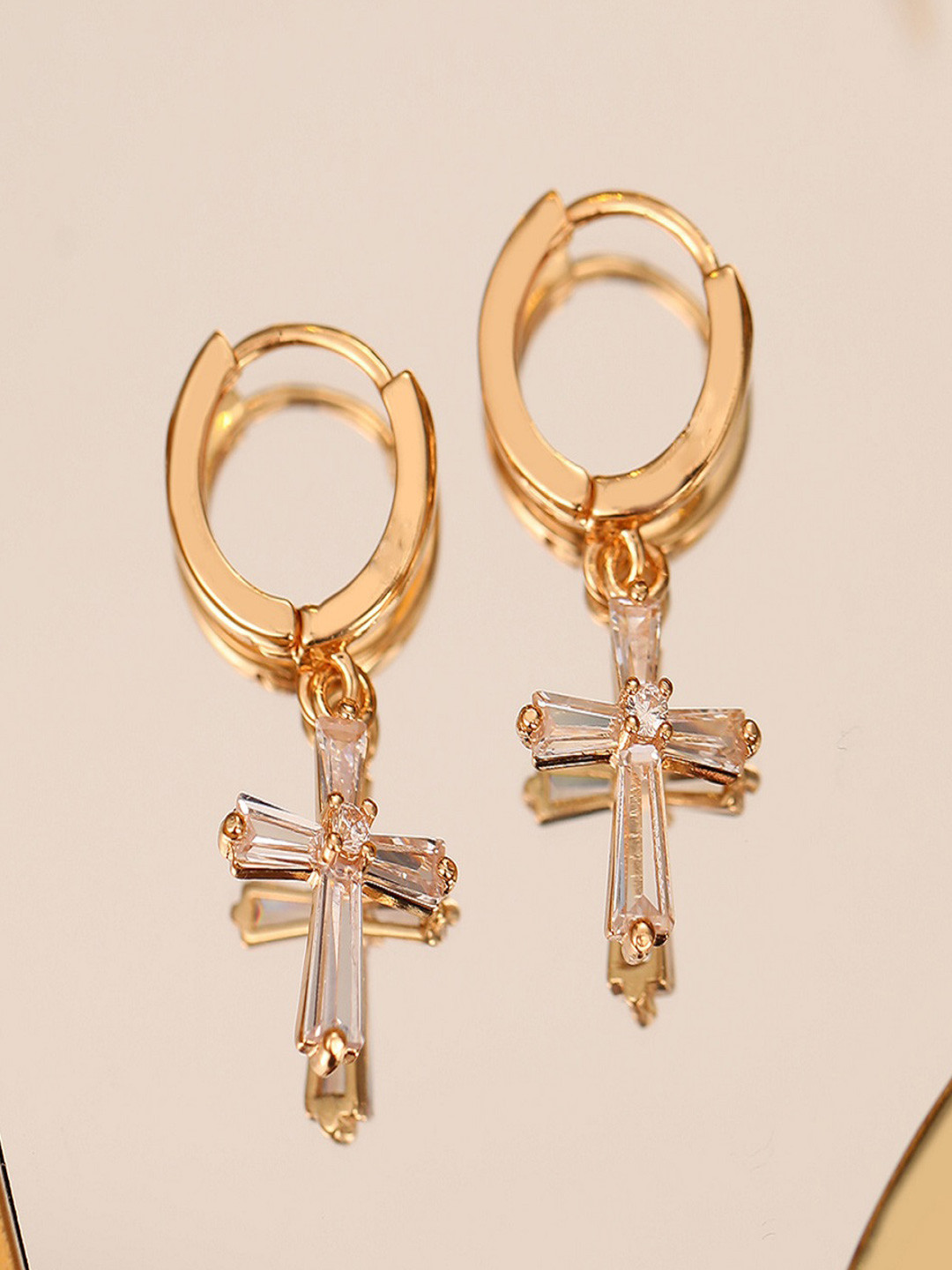 AQUASTREET 18K Gold Plated Waterproof Anti Tarnish Zircon Cross Drop Huggie Hoop Earrings