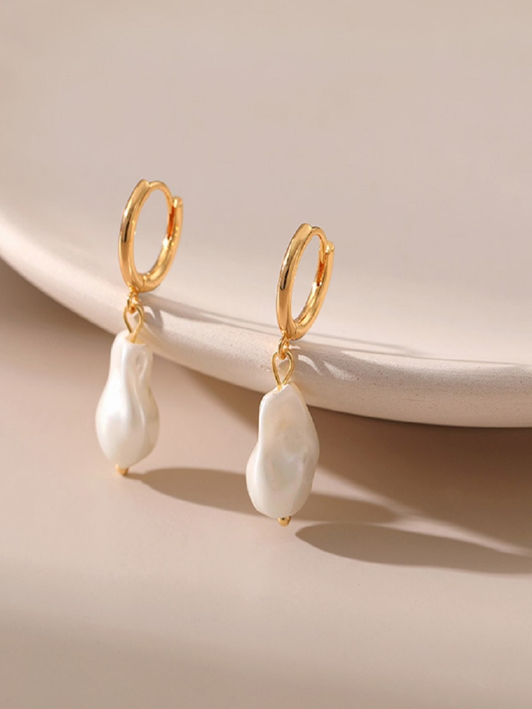 AQUASTREET 18K Gold Plated Waterproof Antitarnish Baroque Style Pearl Drop Huggie Earrings
