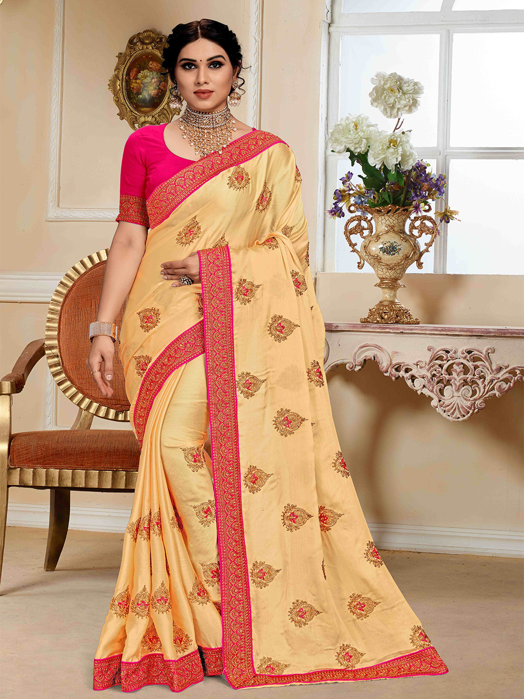 Mitera Cream Coloured Ethnic Motifs Embroidered Beads and Stones Saree