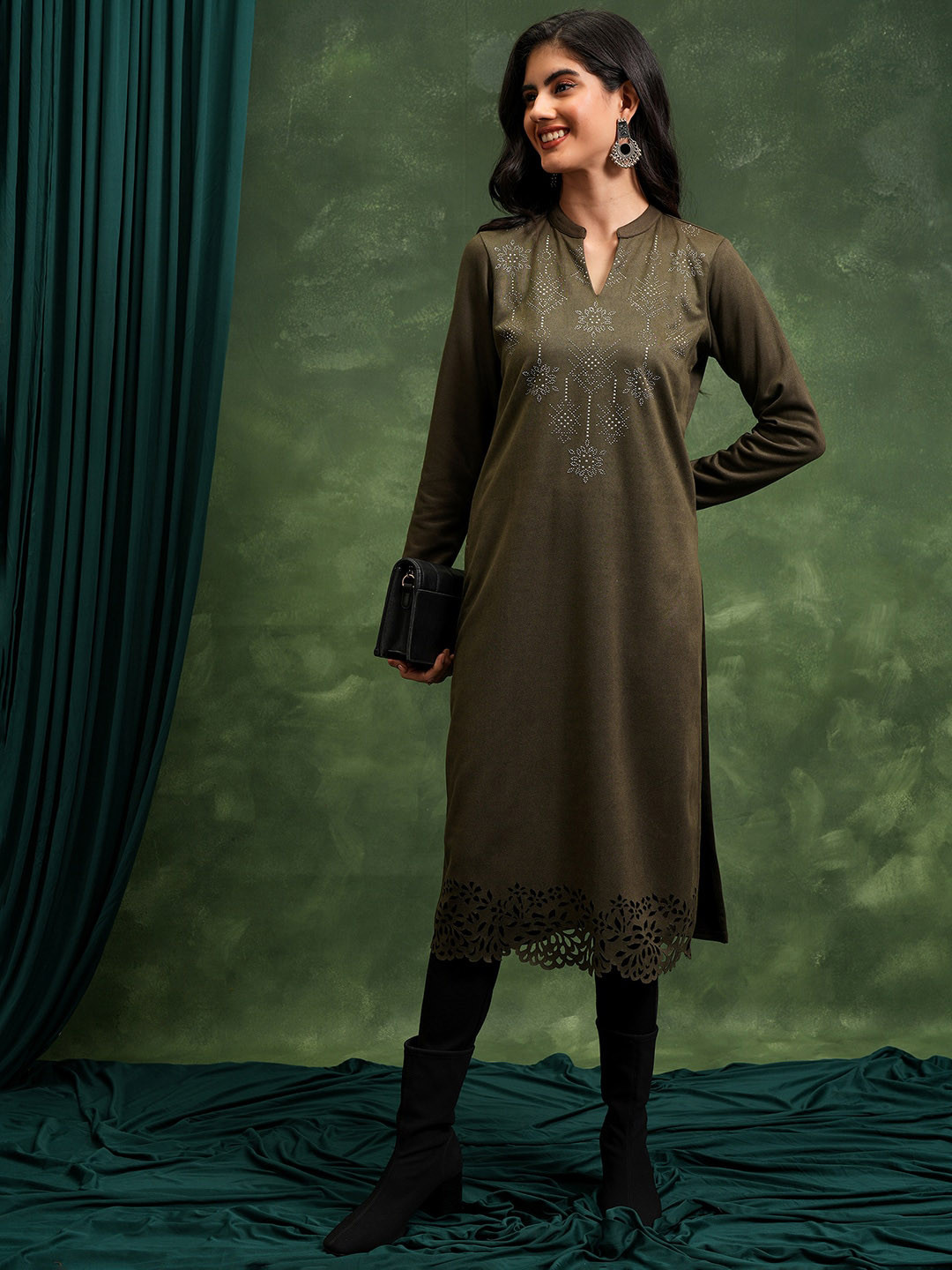 KETCH Olive Ethnic Motif Yoke Design Beads and Stones Straight Kurta