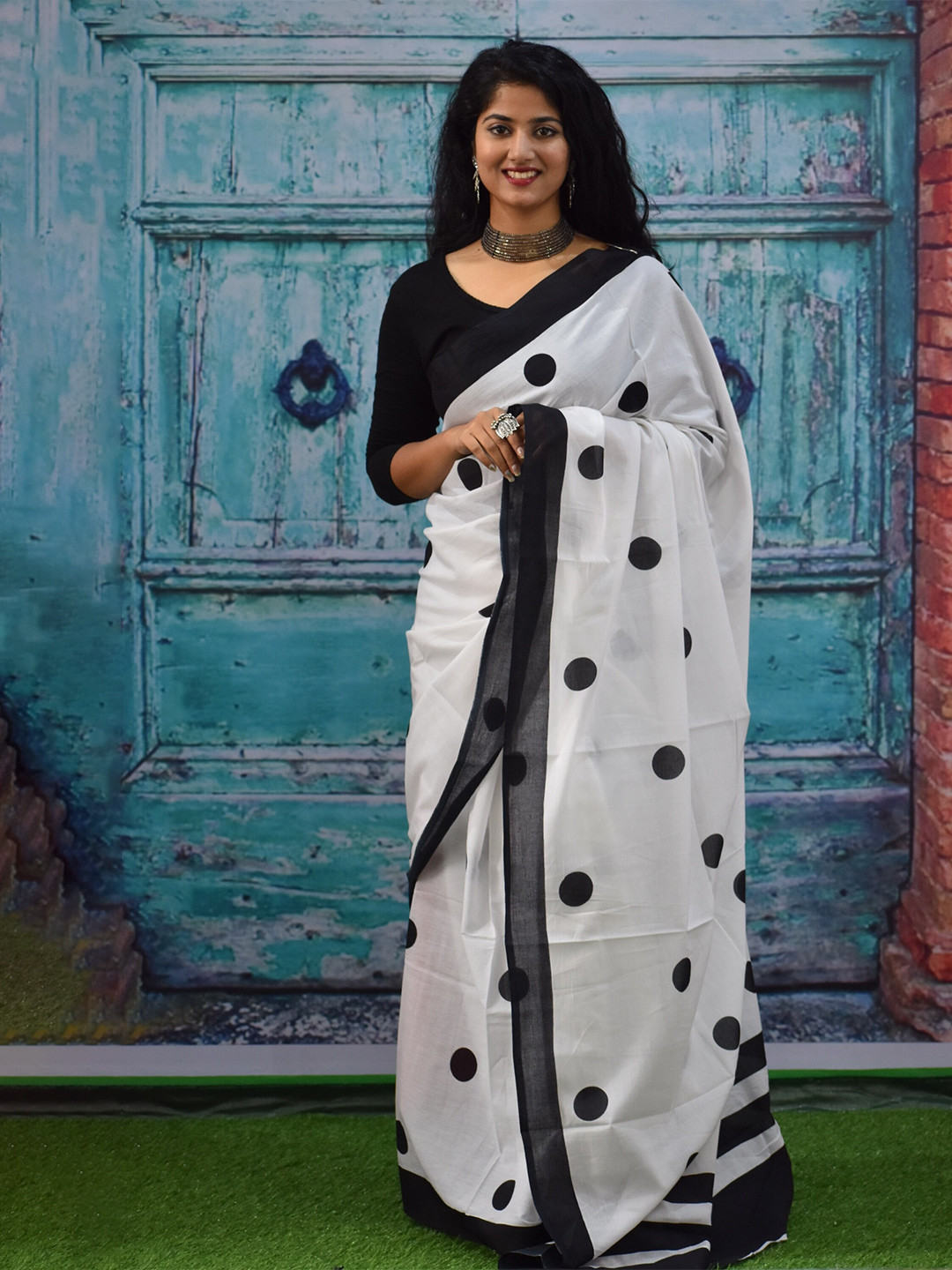 JALTHER Polka Dot Block Print Pure Cotton Saree