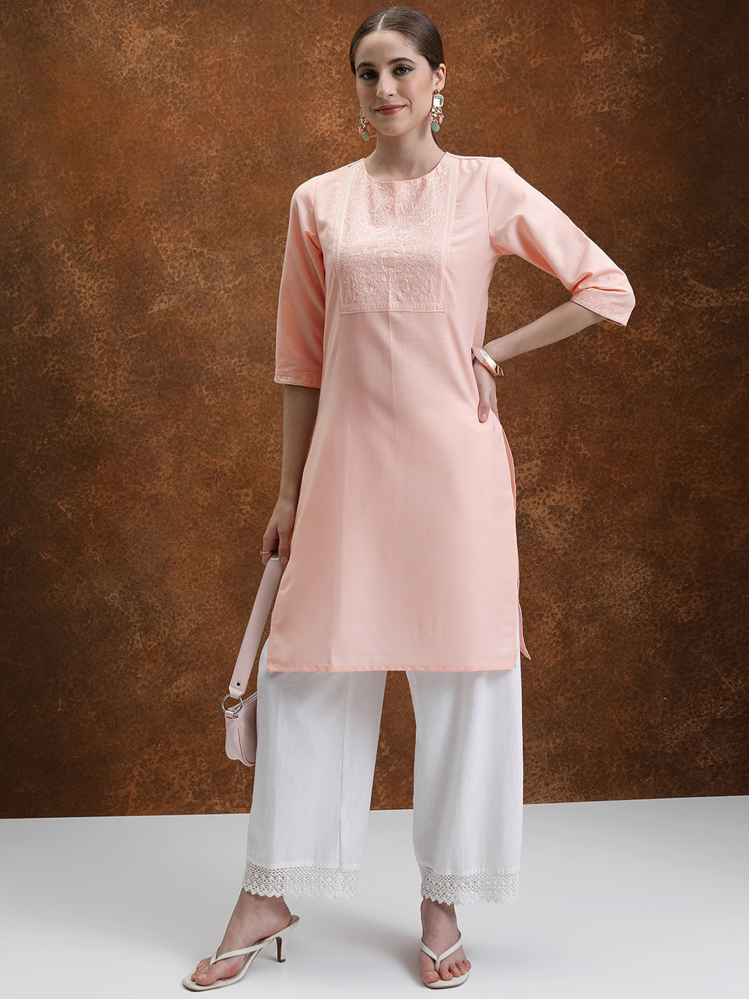 Vishudh Peach-Coloured Floral Yoke Design Embroidered Straight Kurta