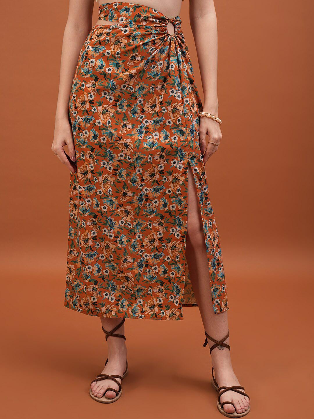 Tokyo Talkies Orange Floral Printed A-Line Maxi Skirt