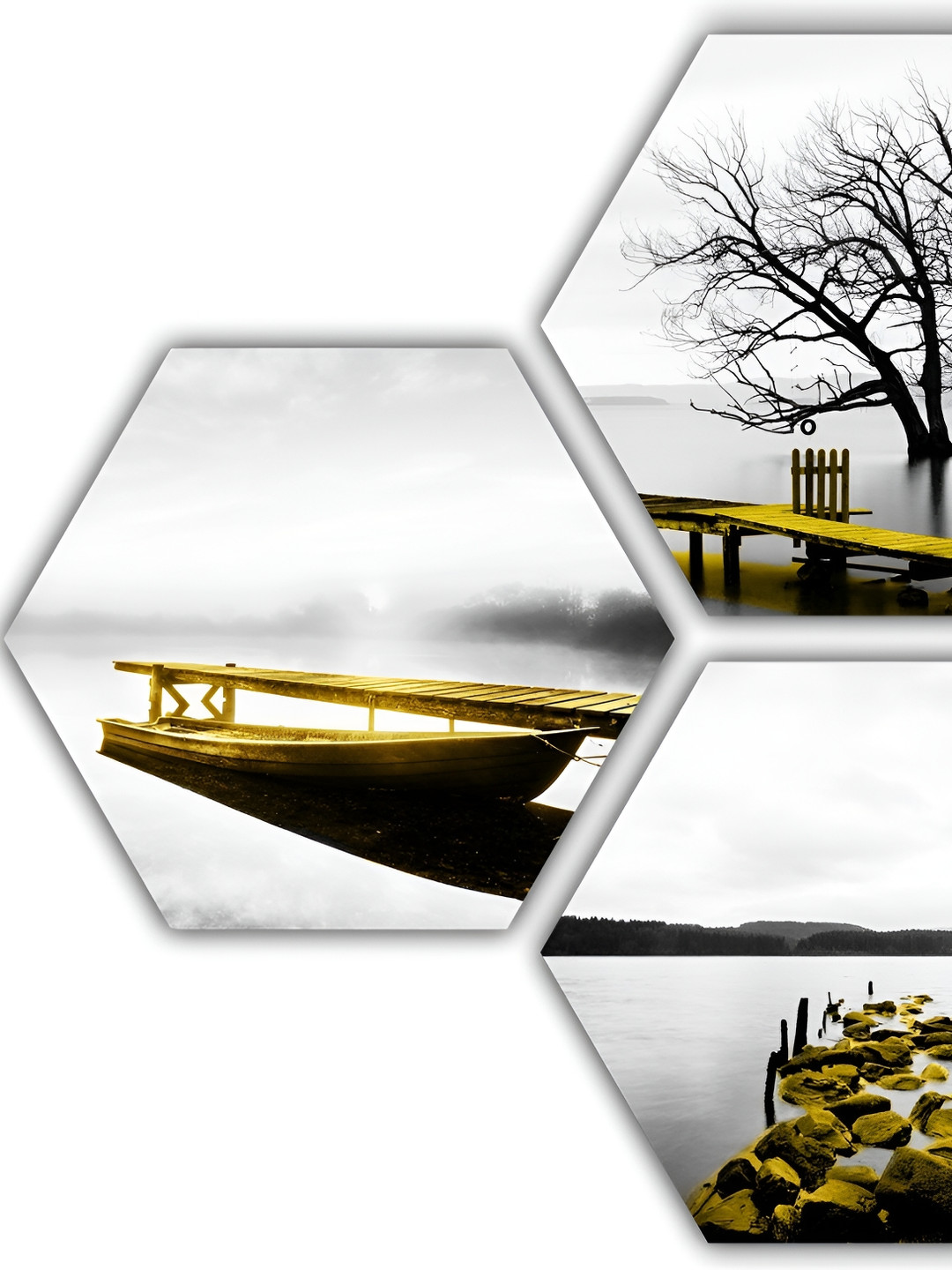 PnF Wood 3 Piece Wall Hexagon Paintings Wall Art - 12 x 12 In