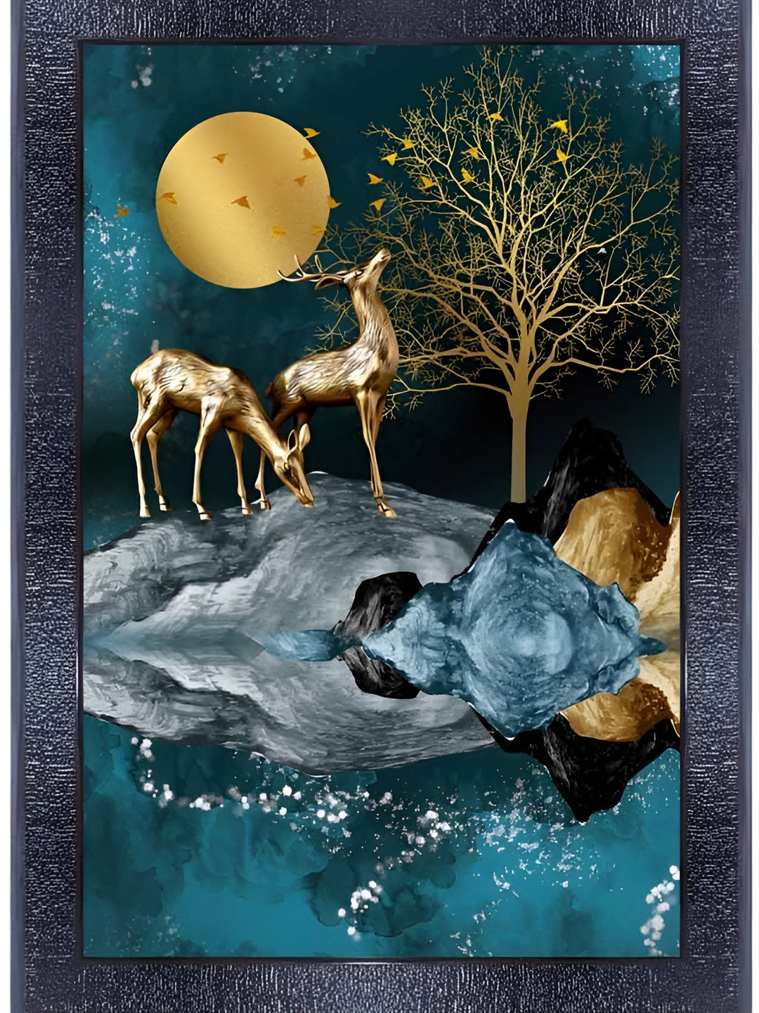 PnF Black & Teal Wooden Birds and Animals Wall Painting