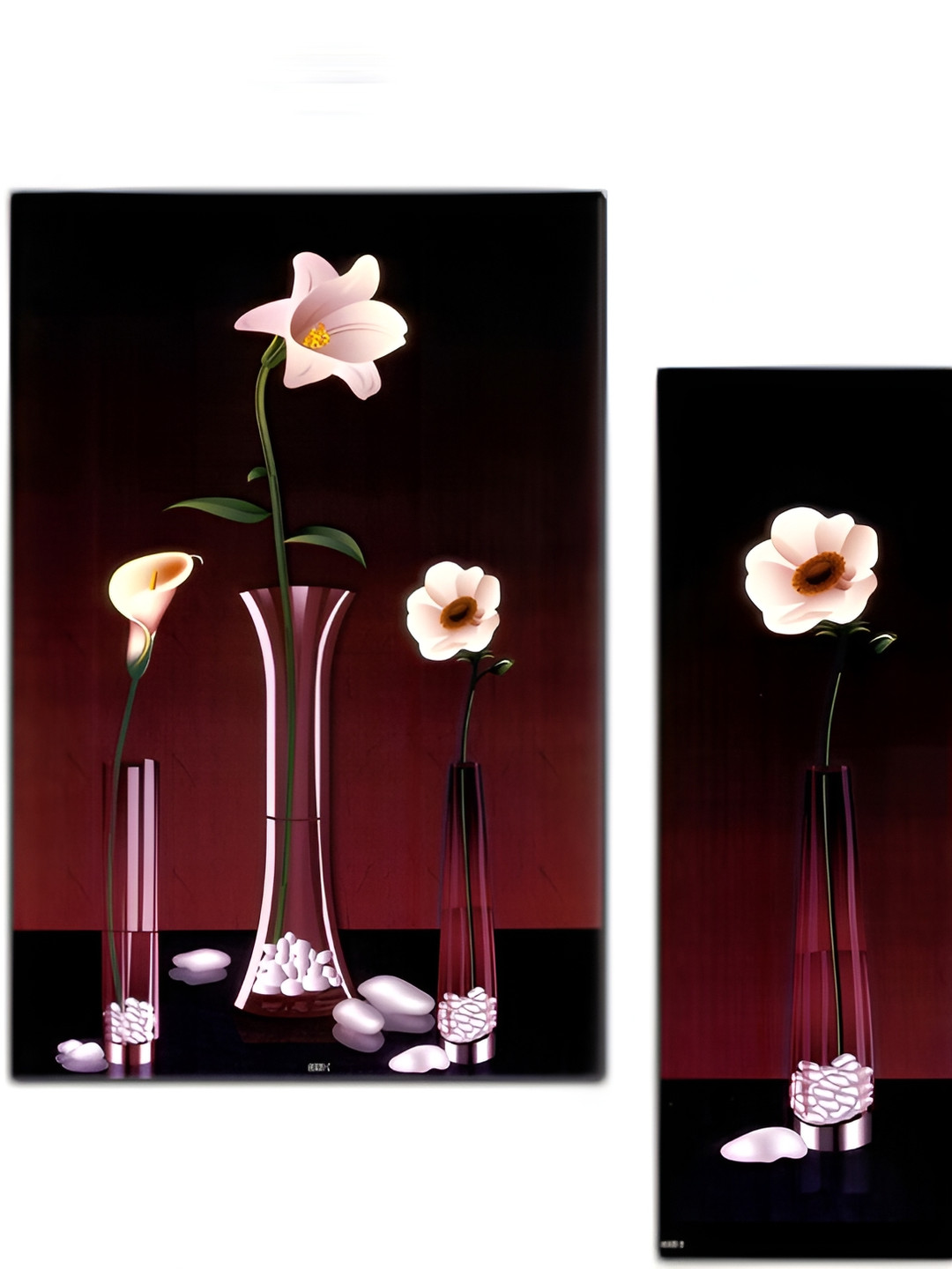 PnF Black & Maroon 3 Pieces Wooden Floral and Botanical Painting Wall Art