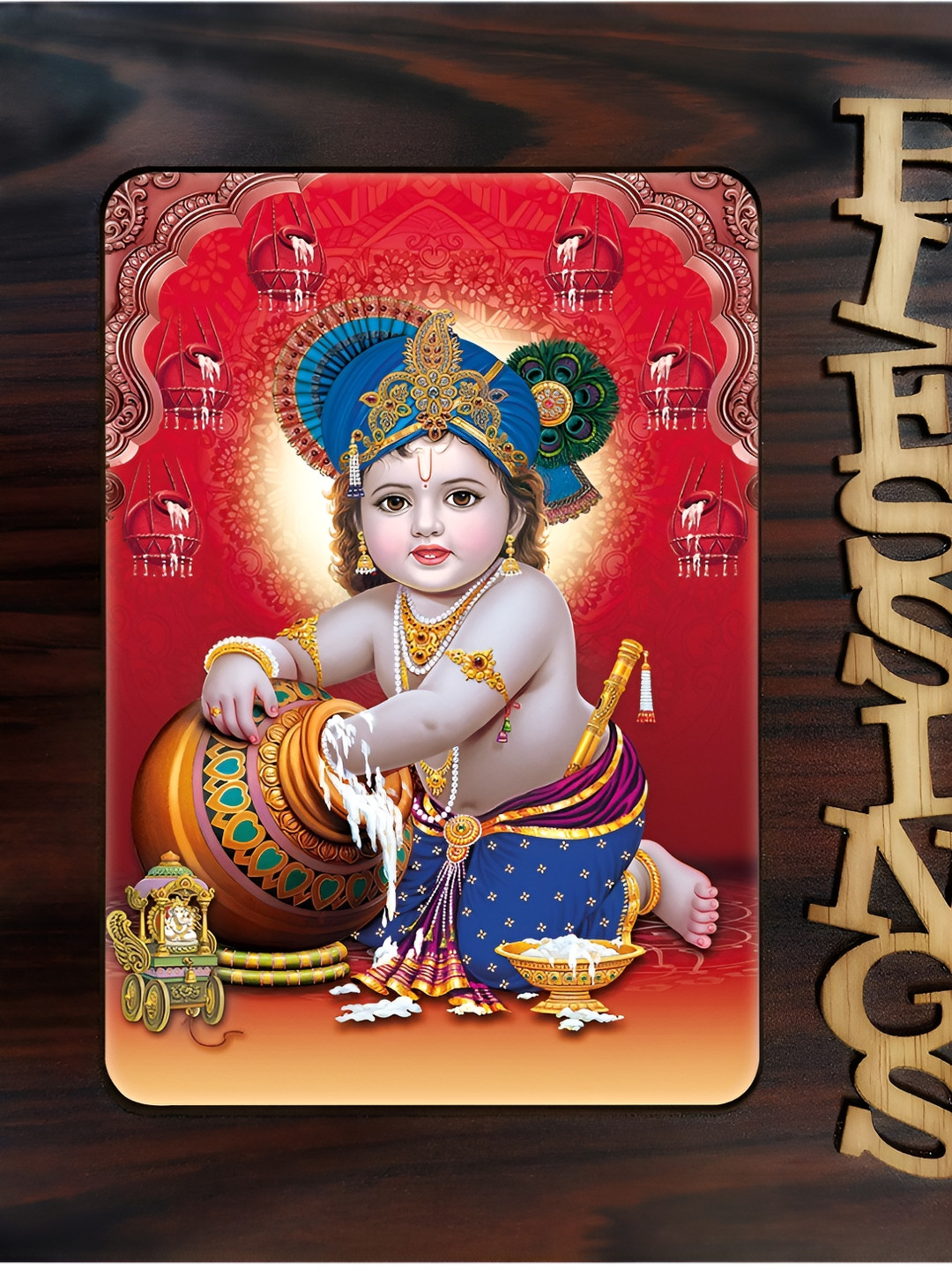 PnF Brown & Red Bal Krishna Religious Wooden Painting Wall Art