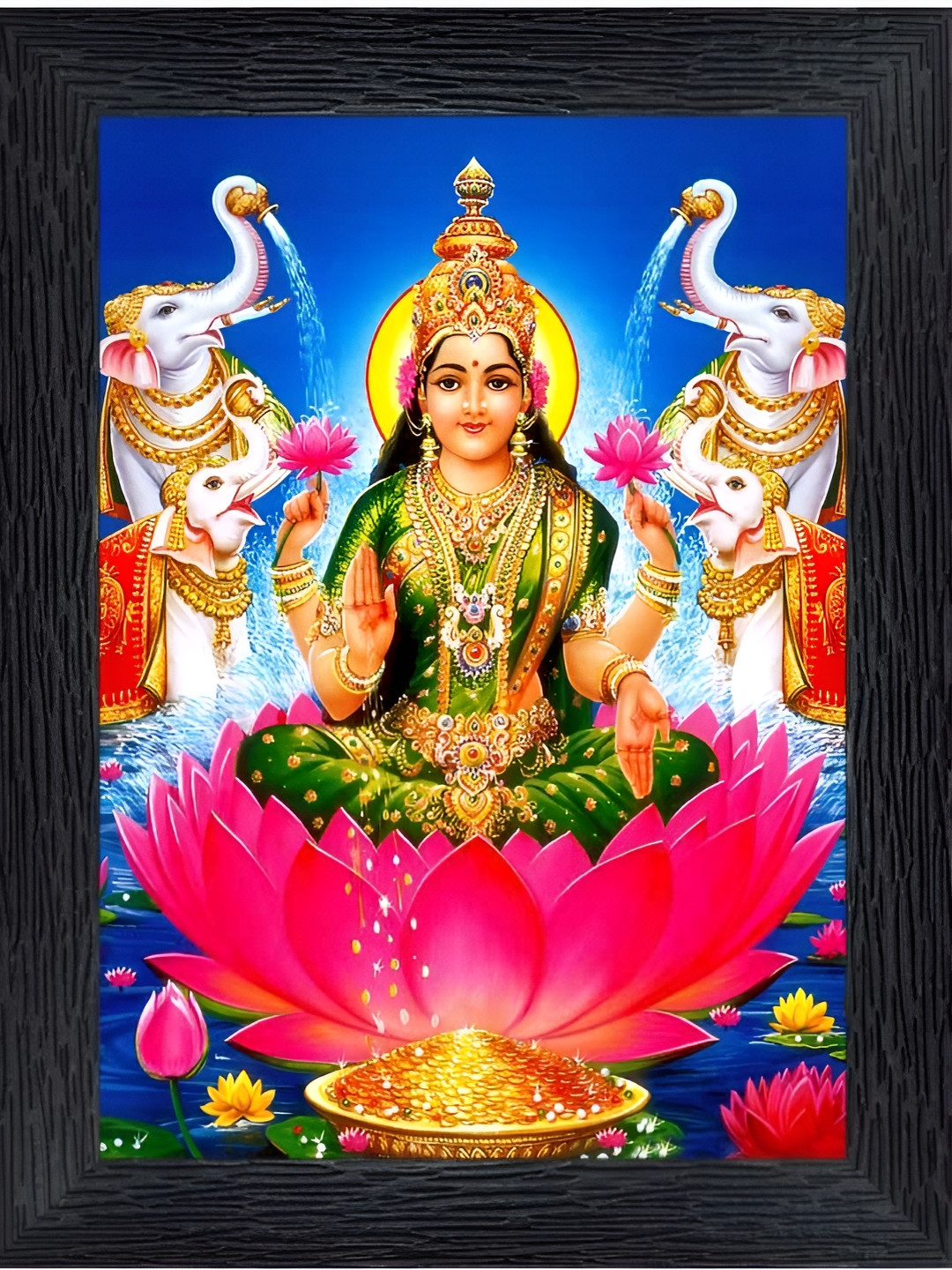 PnF Black & Green Goddess Laxmi Religious Wooden Painting Wall Art