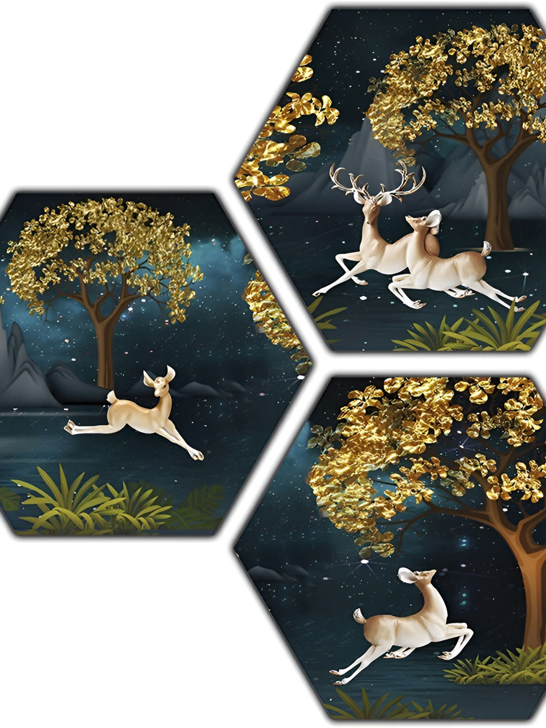 PnF Deers Wood 3 Piece Wall Square Paintings Wall Art