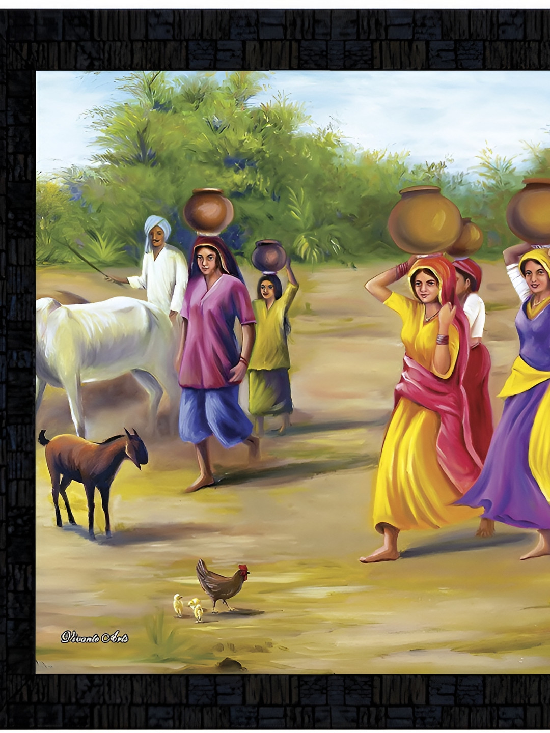 PnF Black & Green Village Life Wooden Painting Wall Art