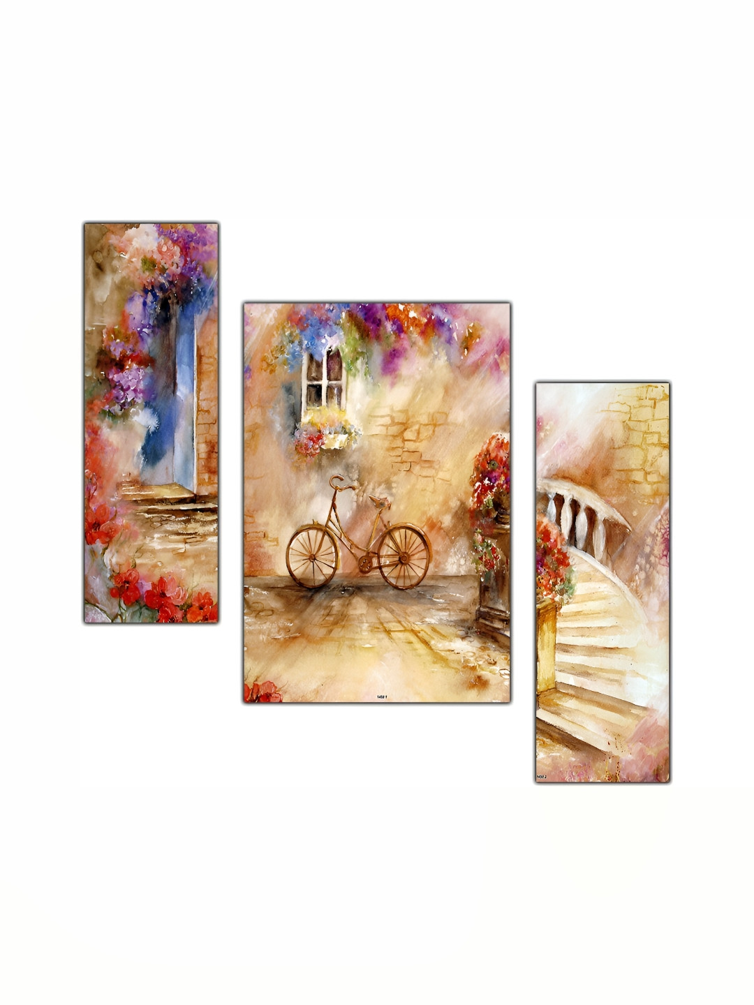 PnF Beige & Red 3 Pieces Wooden Floral and Botanical Wall Art