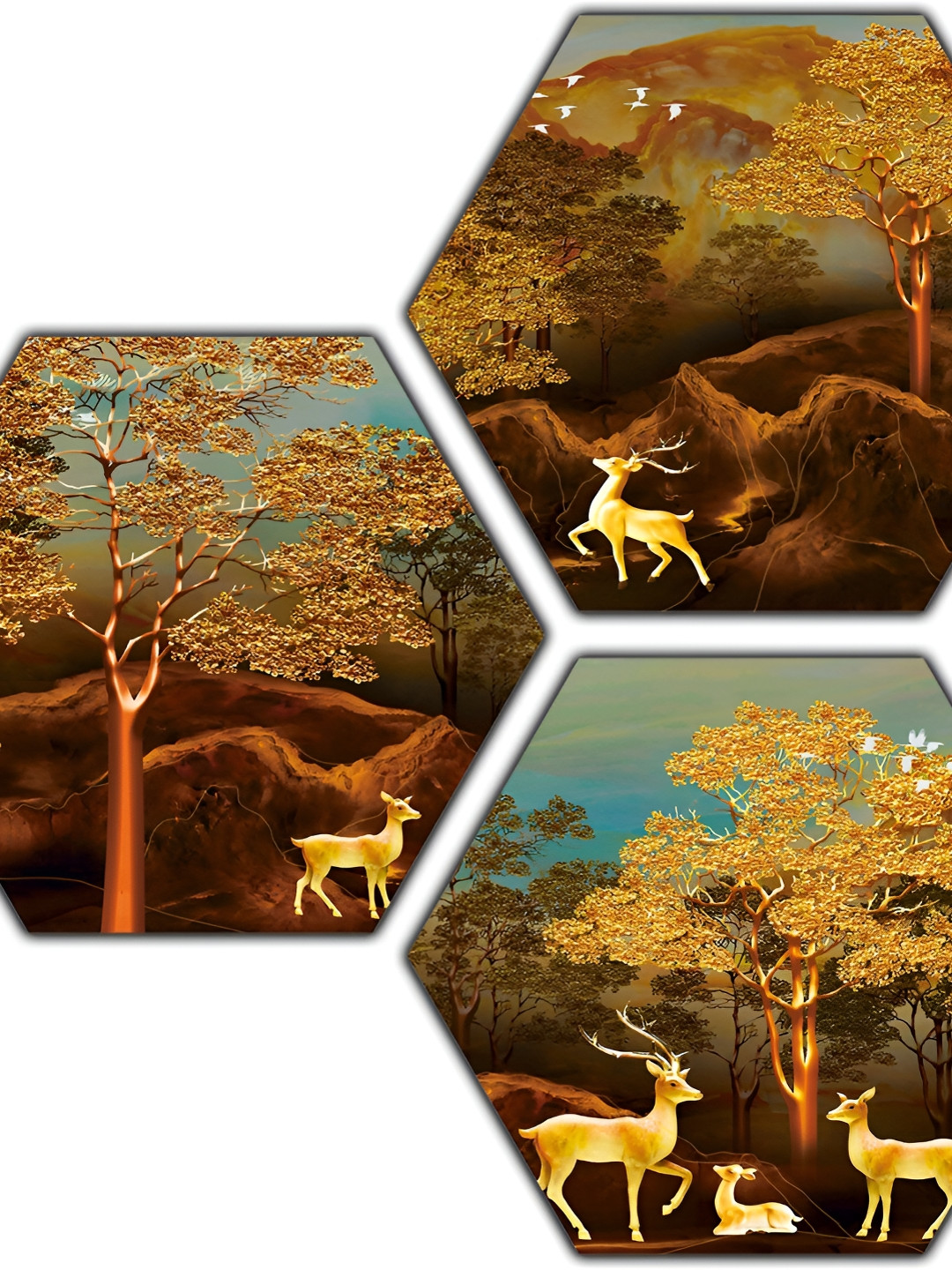 PnF Brown & Yellow 3 Pieces Birds And Animals Wall Arts