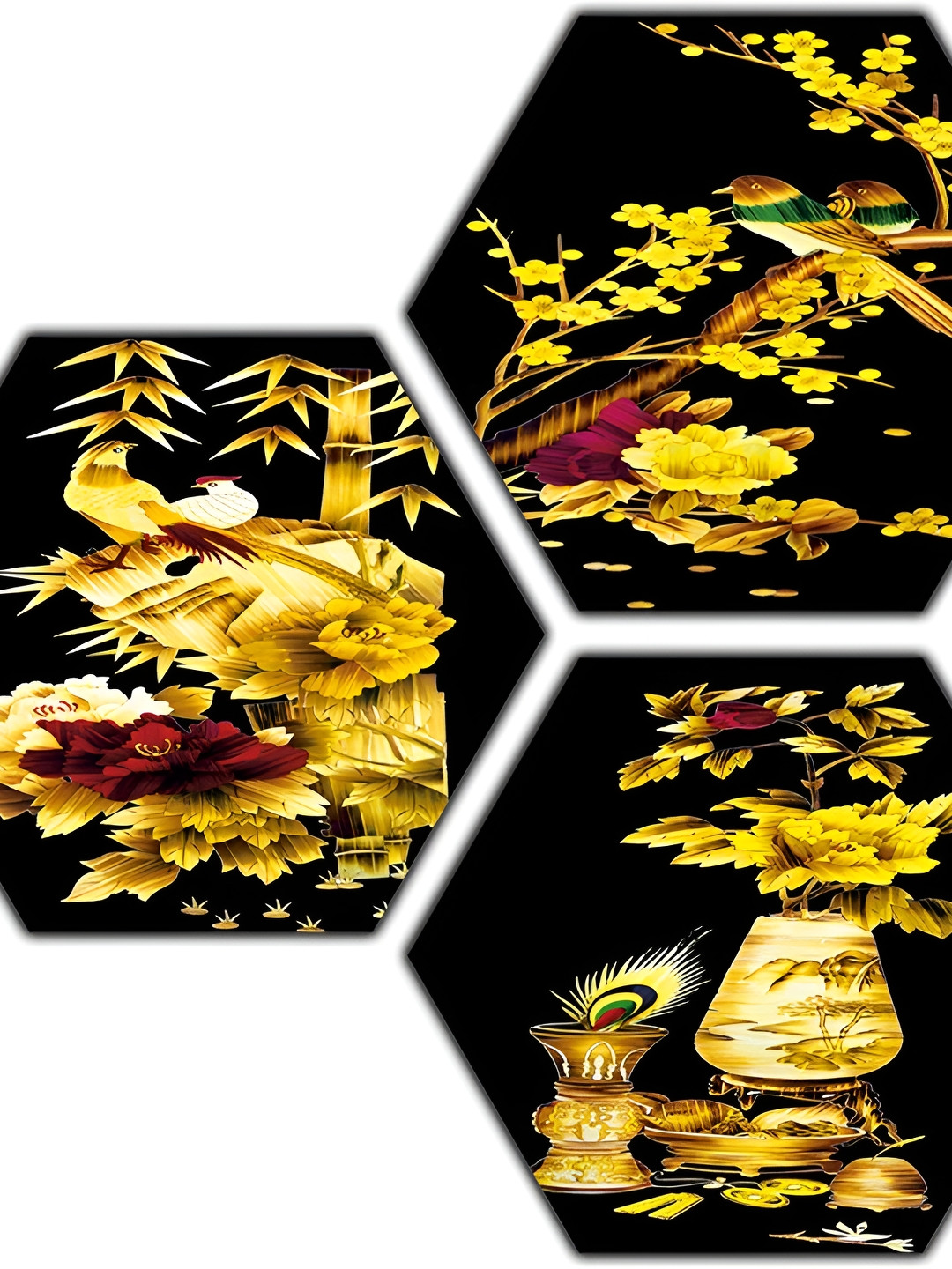 PnF Hexagon Wood 3 Piece Wall Rectangle Paintings Wall Art -16.9 x 8.2In