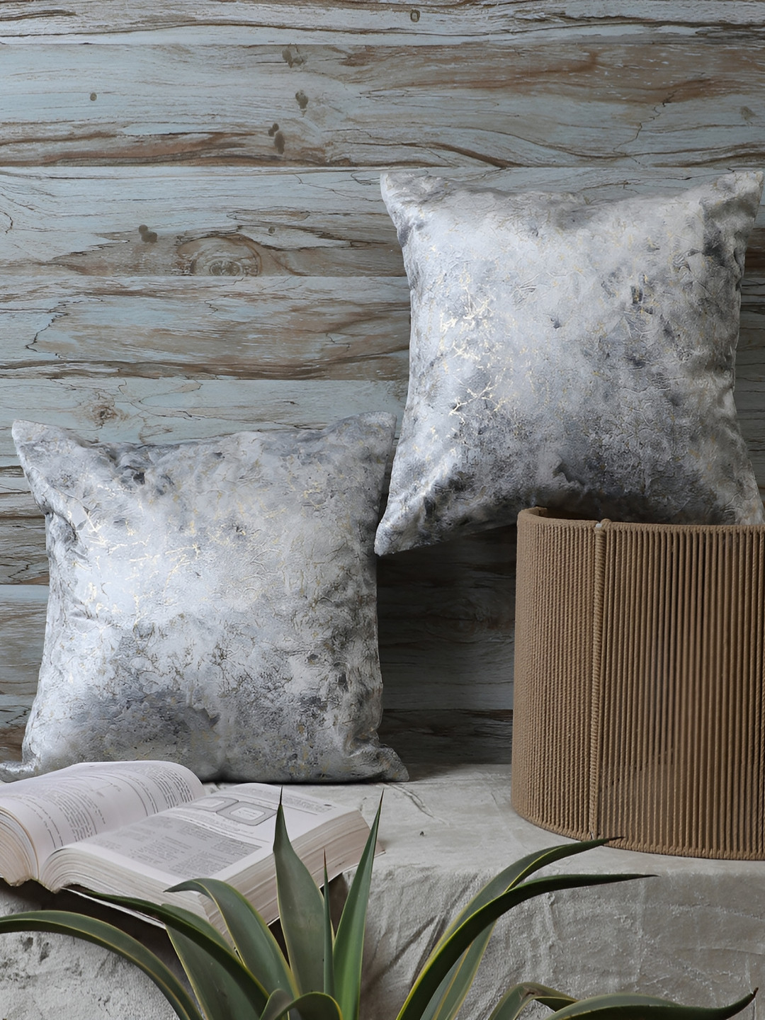 MFD HOME FURNISHING Grey Abstract Velvet Durable 2 Pcs Square Cushion Covers - 16 x 16 In