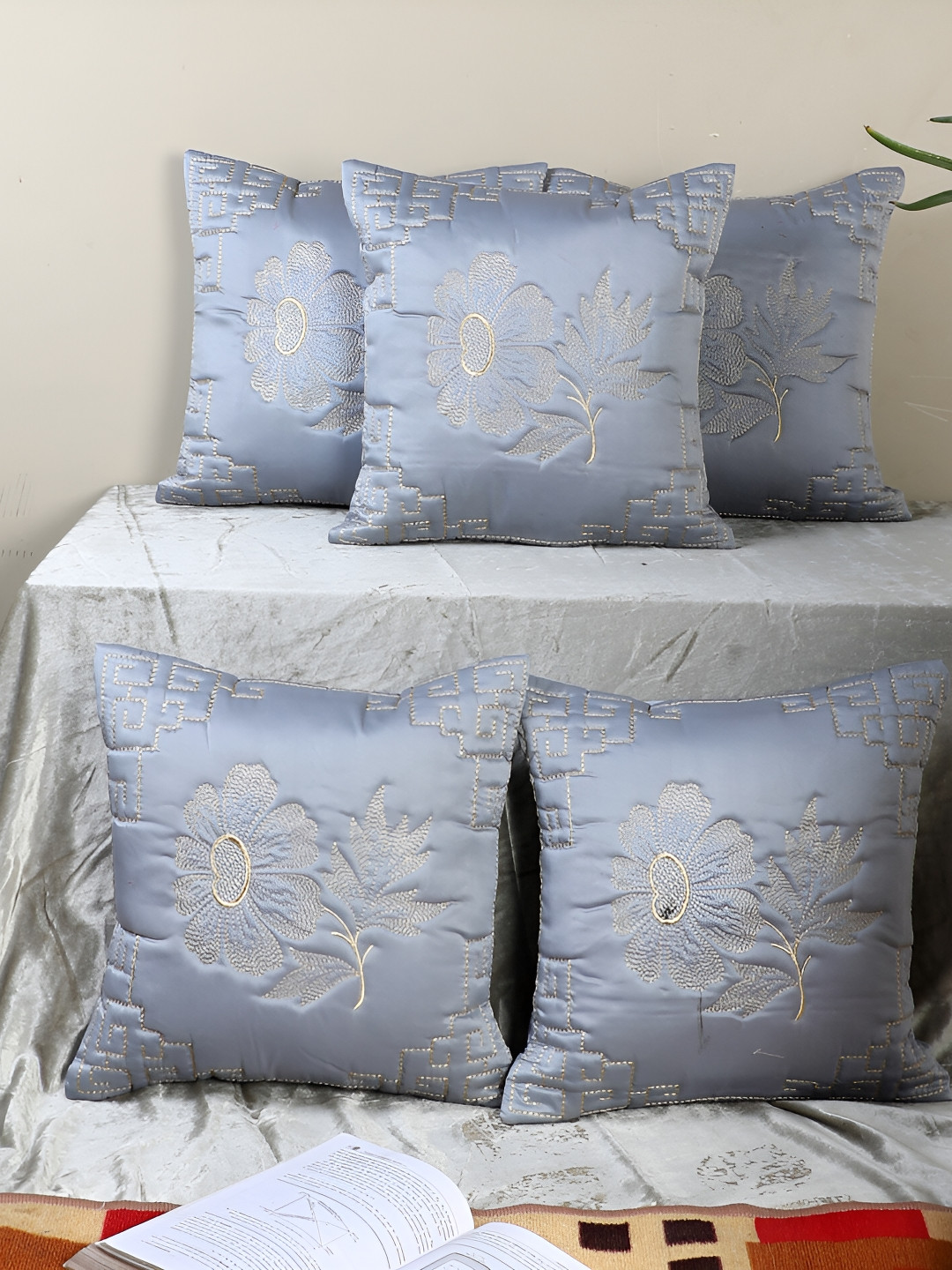 MFD HOME FURNISHING Floral Satin Ultra Soft 5 Pcs Embroidered Cushion Covers - 16x16In