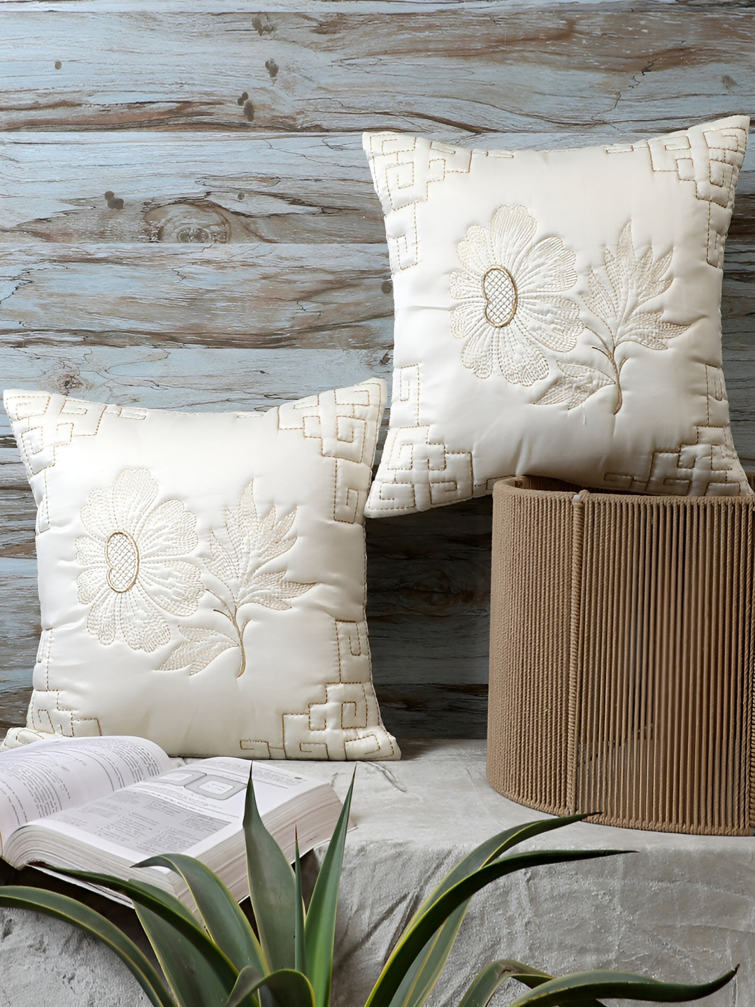 MFD HOME FURNISHING White & Gold-Toned 2 Pieces Floral Satin Square Cushion Covers